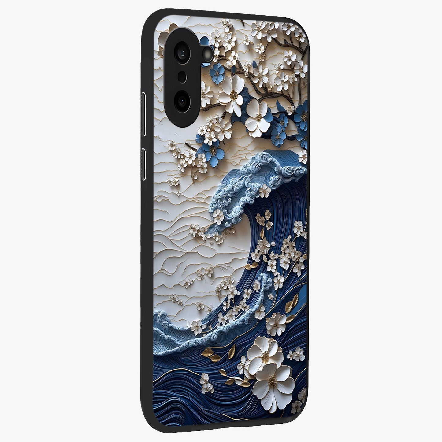 Floral Wave Origami Glass Case for 1+Nord CE 5 side perspective highlighting sharp origami textures and sleek premium edges