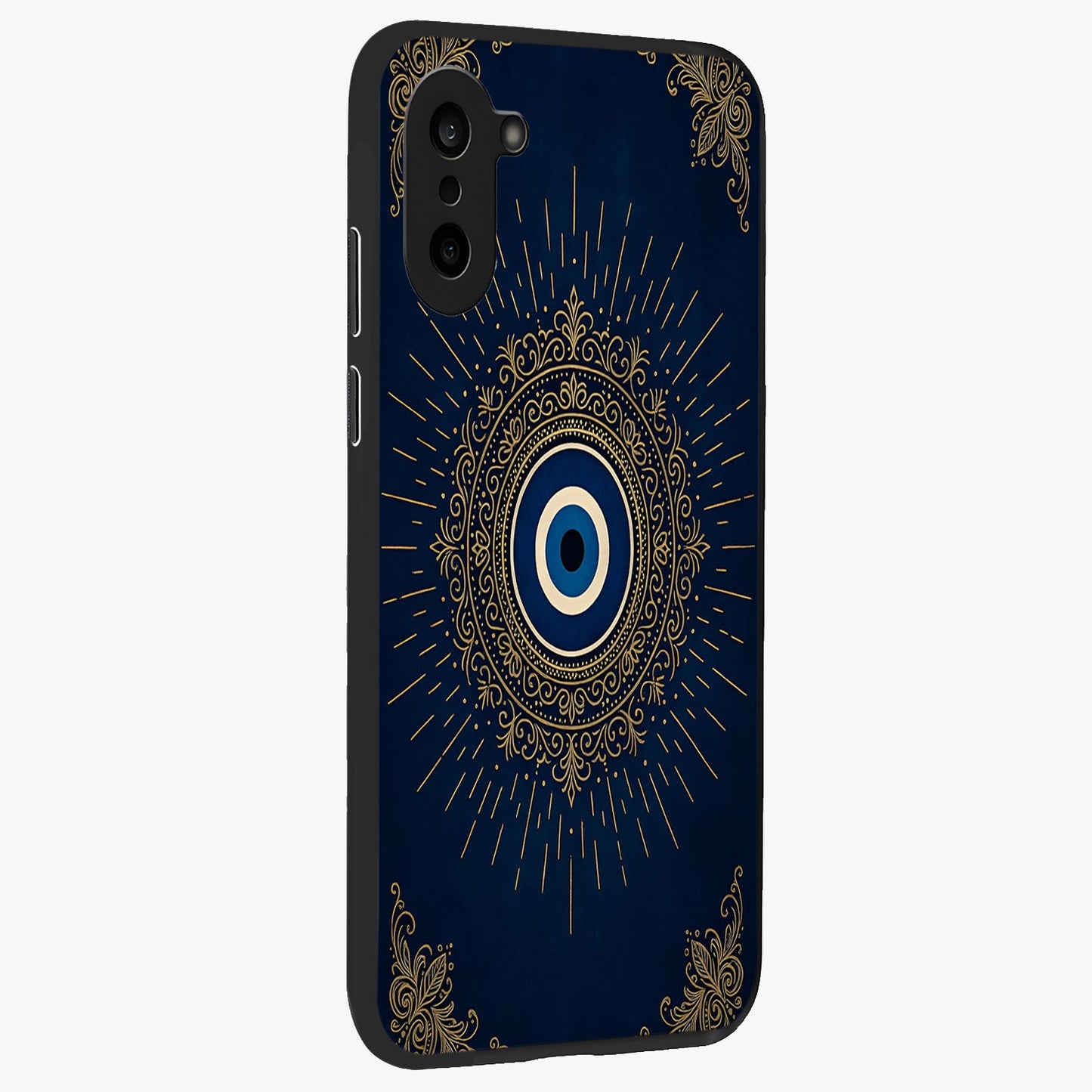 Golden Evil Eye Mandala Glass Case for 1+Nord CE 5 side perspective highlighting rich textures and sleek premium build