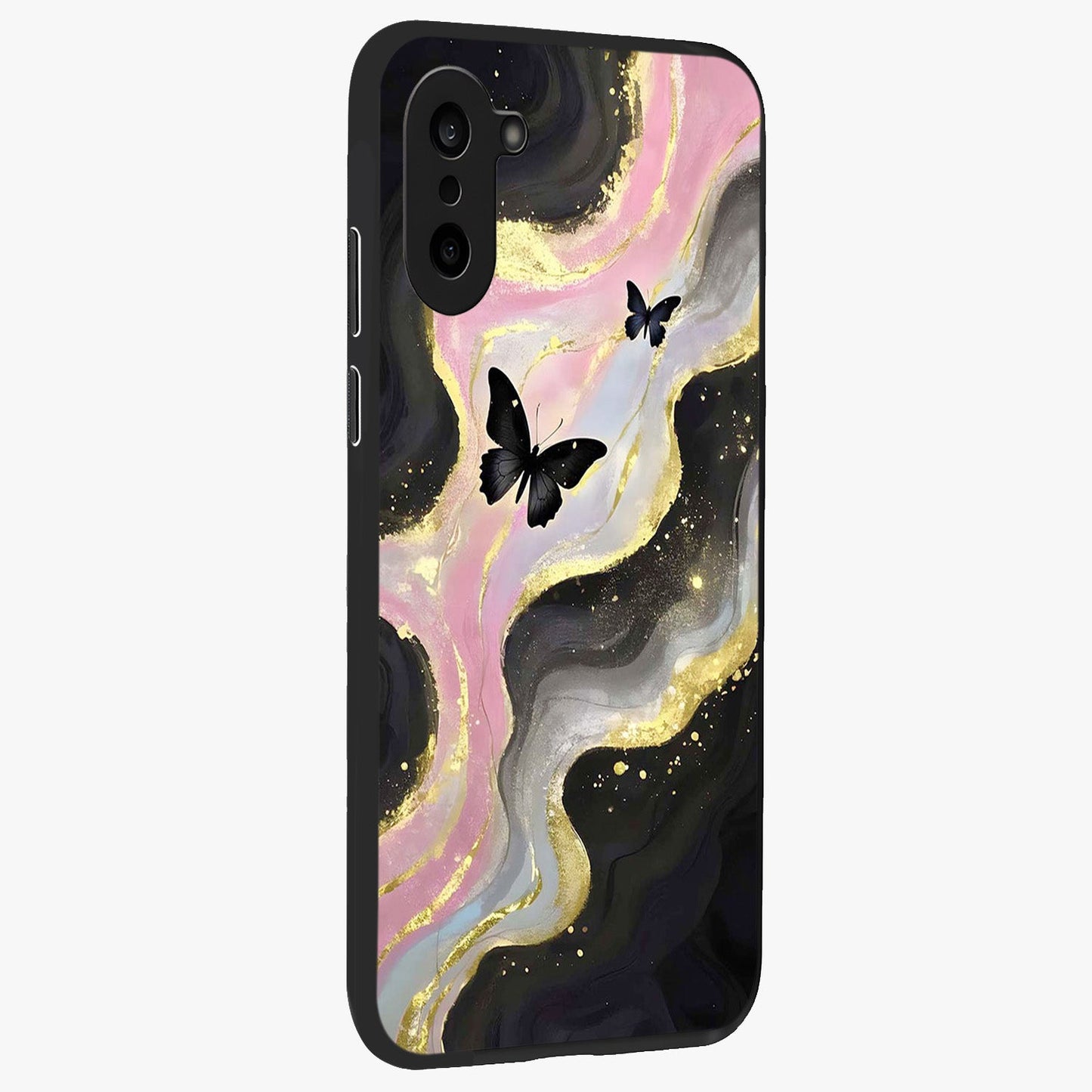 Golden Mist Butterflies Glass Case for 1+Nord CE 5 side perspective highlighting delicate wing textures and premium edges