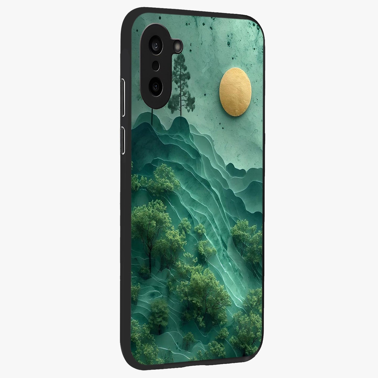 Green Hills With Sun Glass Case for 1+Nord CE 5 side perspective highlighting serene landscape textures and premium build