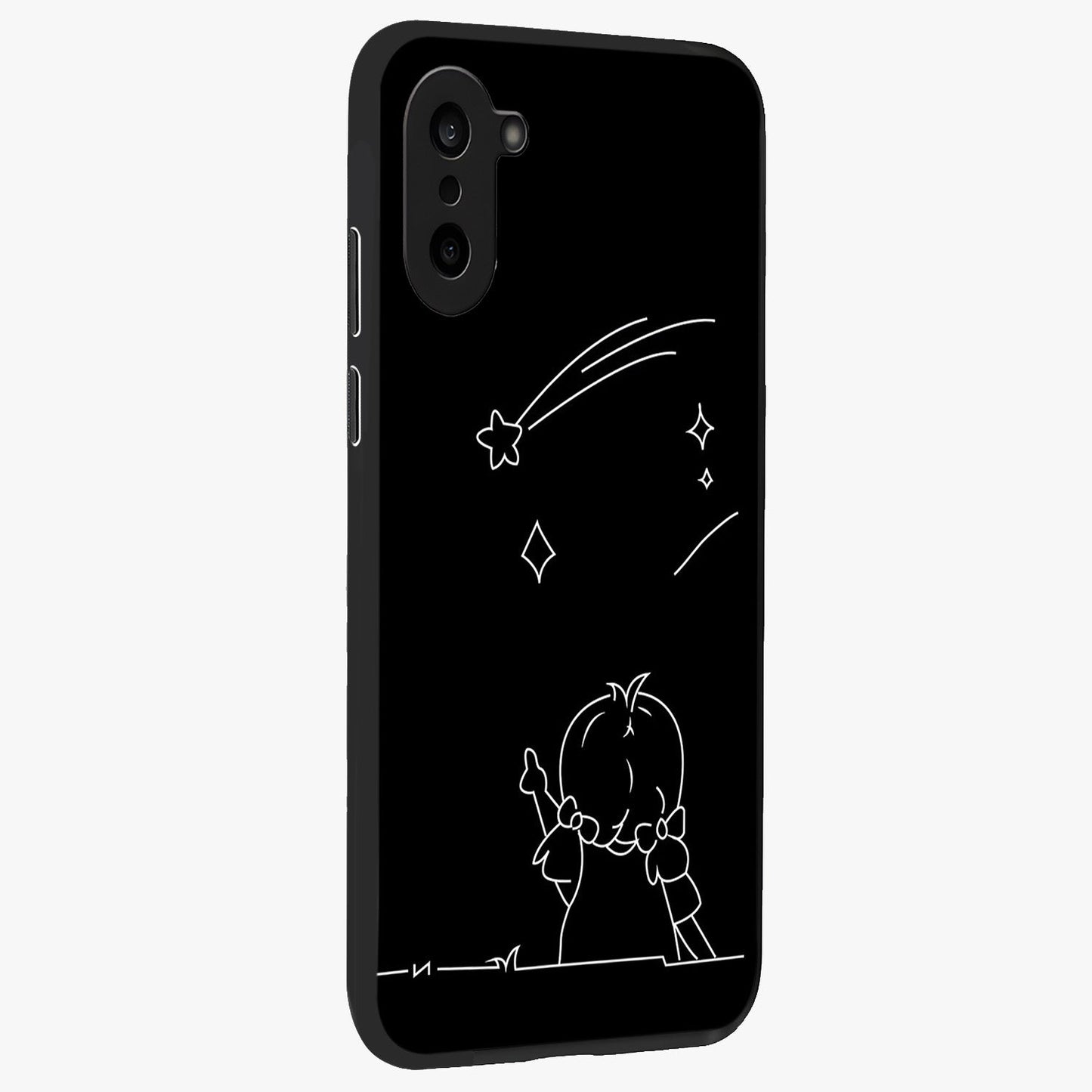 Line Art Girl With Shooting Stars Glass Case for 1+Nord CE 5 side perspective highlighting subtle star textures and premium build