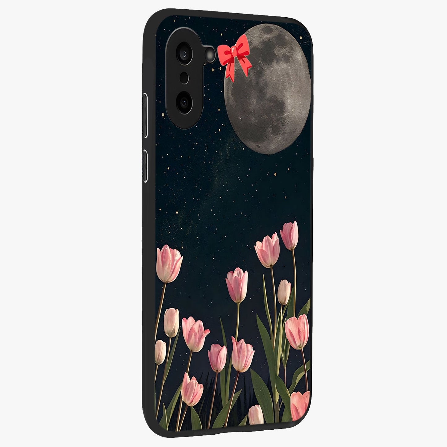 Moonlit Night Tulip Glass Case for 1+Nord CE 5 side perspective highlighting delicate petal textures and sleek build