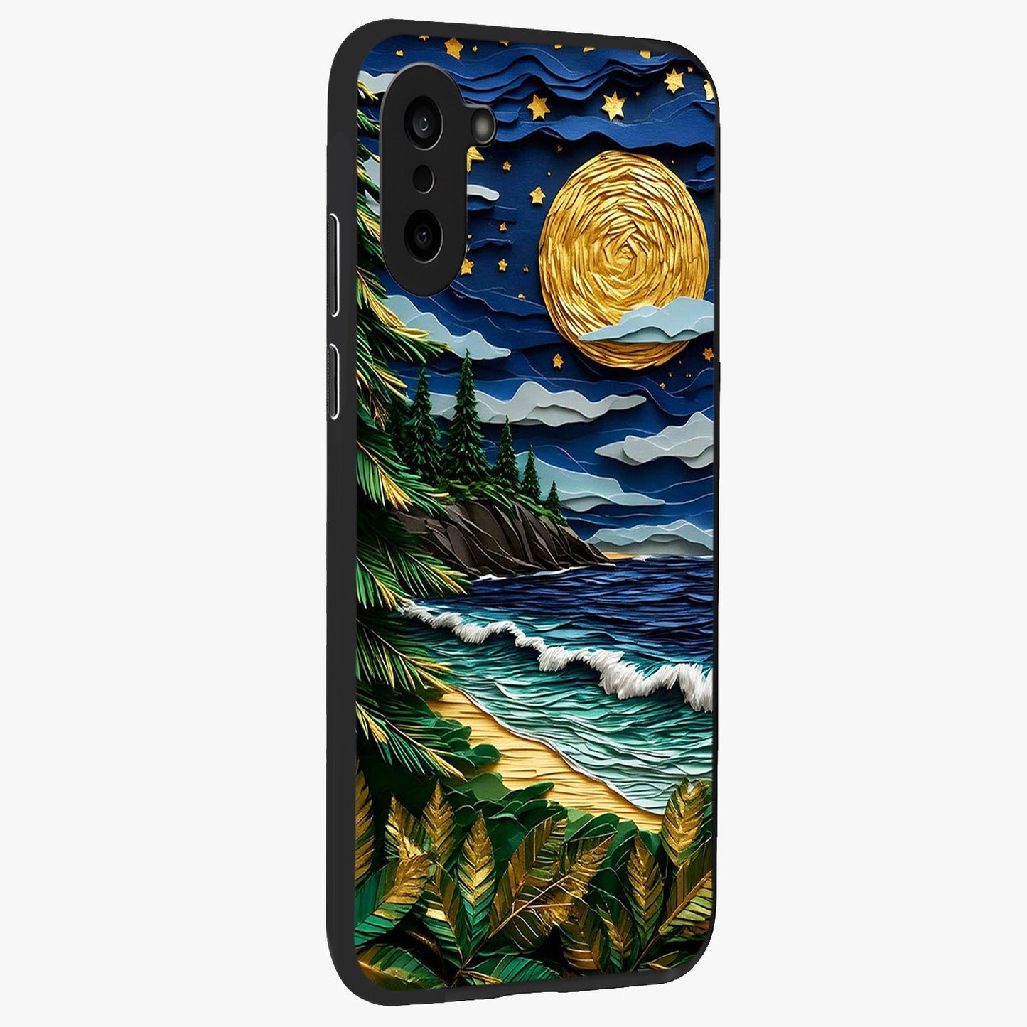 Moonlit Ocean Pines Glass Case for 1+Nord Ce 5 side perspective highlighting serene landscape textures and premium edges