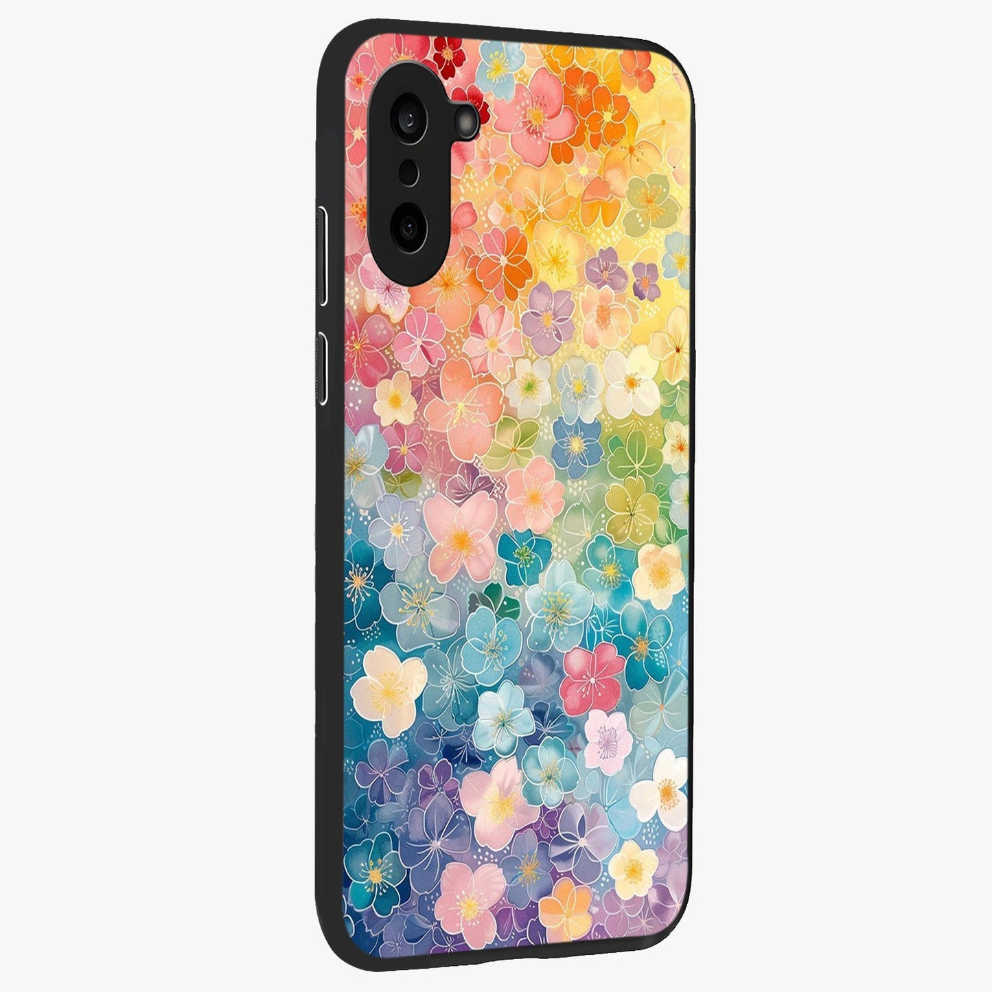 Multiple Background With Flower Glass Case for 1+Nord CE 5 side perspective highlighting rich floral textures and premium edges