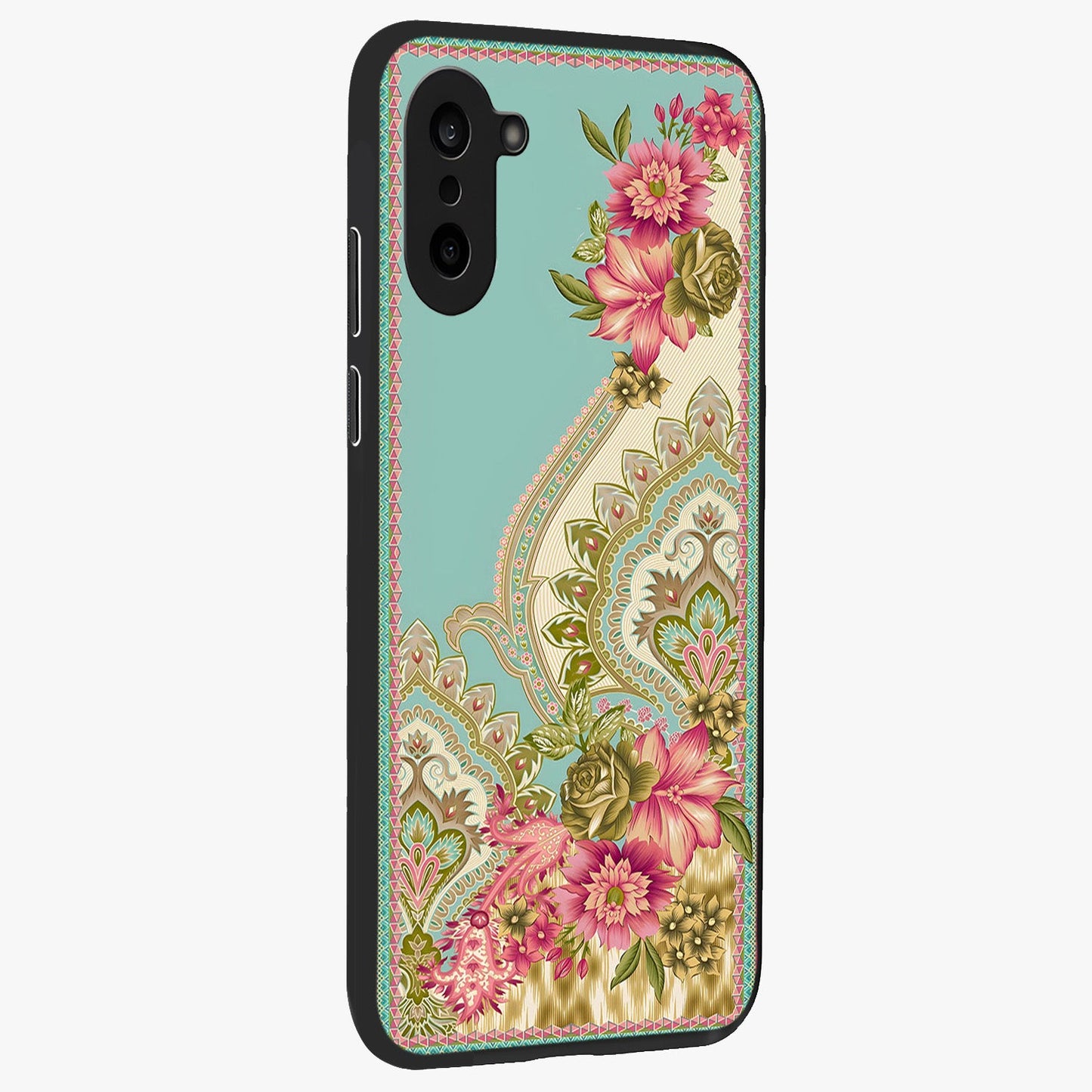 Ornate Mughal Floral Pattern Glass Case for 1+Nord CE 5 side perspective highlighting detailed ornamental textures and sleek build