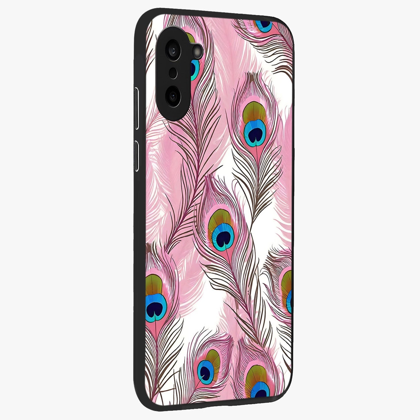 Peacock Feathers Floating Glass Case for 1+Nord CE 5 side perspective highlighting soft feather textures and smooth build