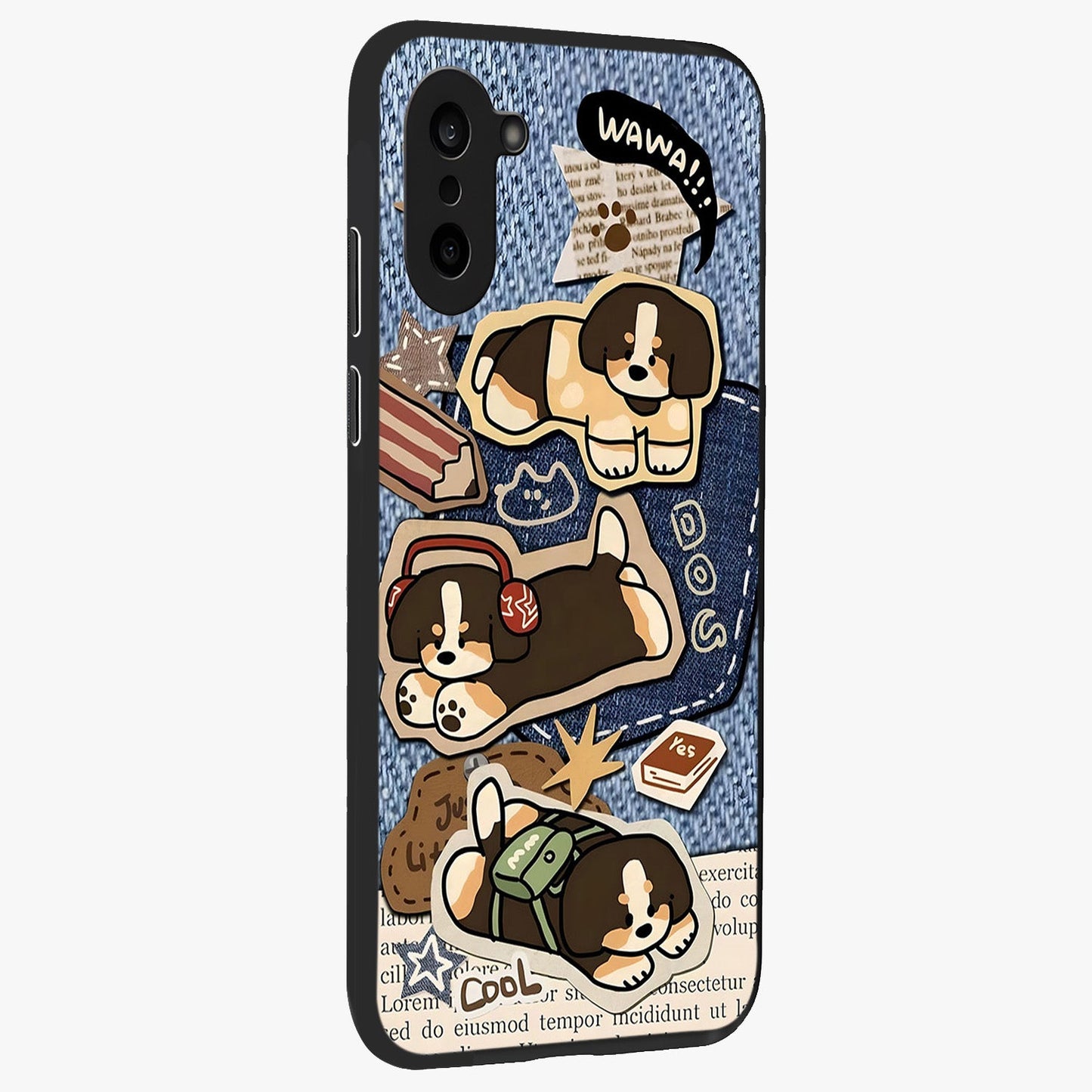 Puppy Sticker Parade Glass Case for 1+Nord CE 5 side perspective highlighting fun sticker textures and premium edges