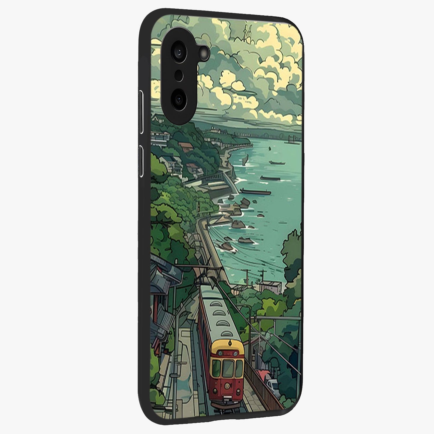 Seaside Train Ride Glass Case for 1+Nord CE 5 side perspective highlighting detailed scenery textures and premium edges