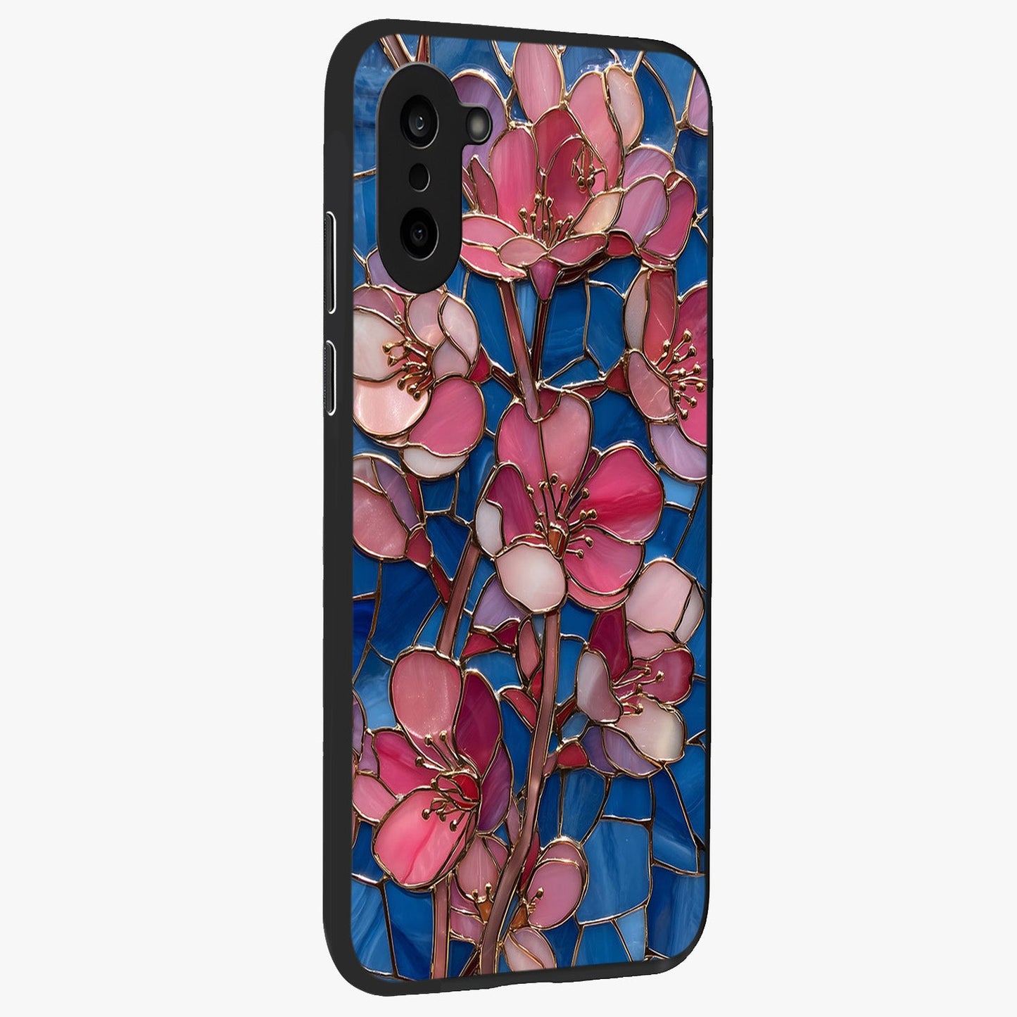 Stained Bloom Grace Glass Case for 1+Nord CE 5 side perspective highlighting intricate bloom textures and smooth premium build