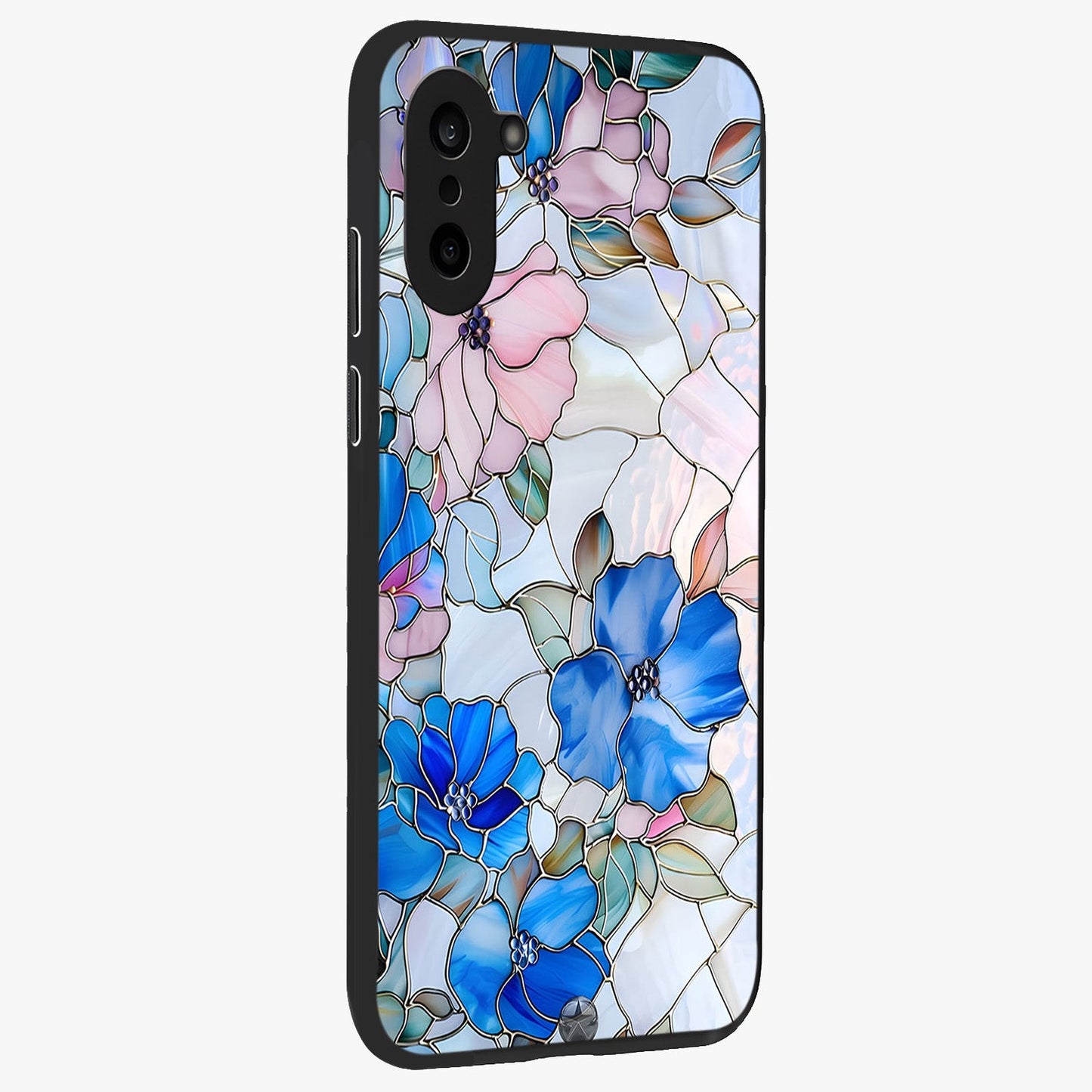 Stained Blue Floral Glass Case for 1+Nord CE 5 side perspective highlighting intricate bloom textures and premium edges