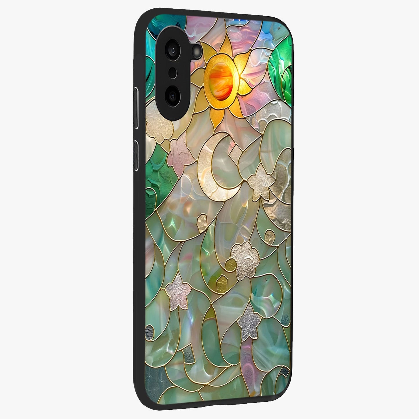 Stained Sunrise Glow Glass Case for 1+Nord CE 5 side perspective highlighting luminous textures and sleek premium build