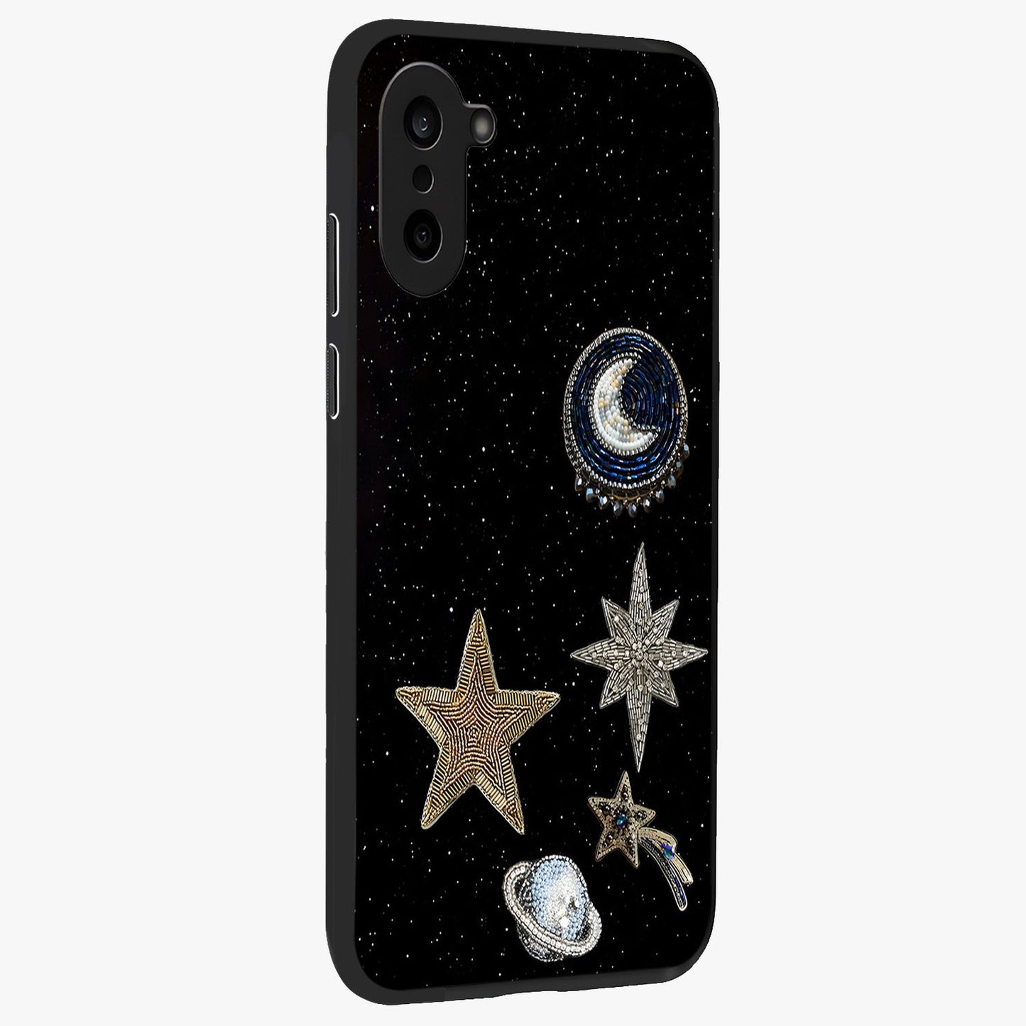 Starlit Cosmic Dreams Glass Case for 1+Nord CE 5 side perspective highlighting luminous textures and premium edges