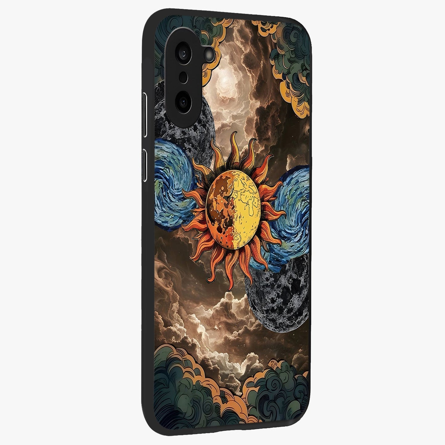 Sun Moon Stormy Sky Glass Case for 1+Nord CE 5 side perspective highlighting intense sky textures and premium edges