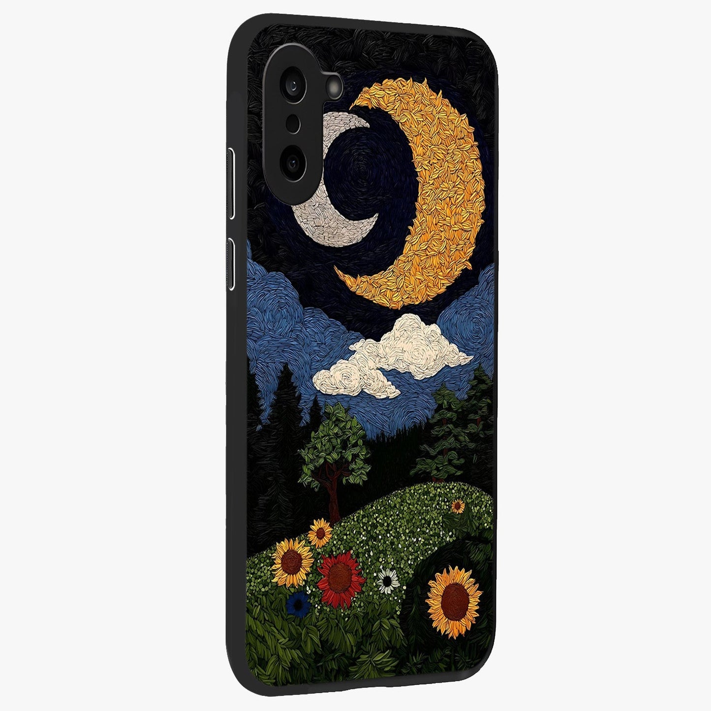 Sun and Moonflowers Glass Case for 1+Nord CE 5 side perspective highlighting colorful bloom textures and smooth build