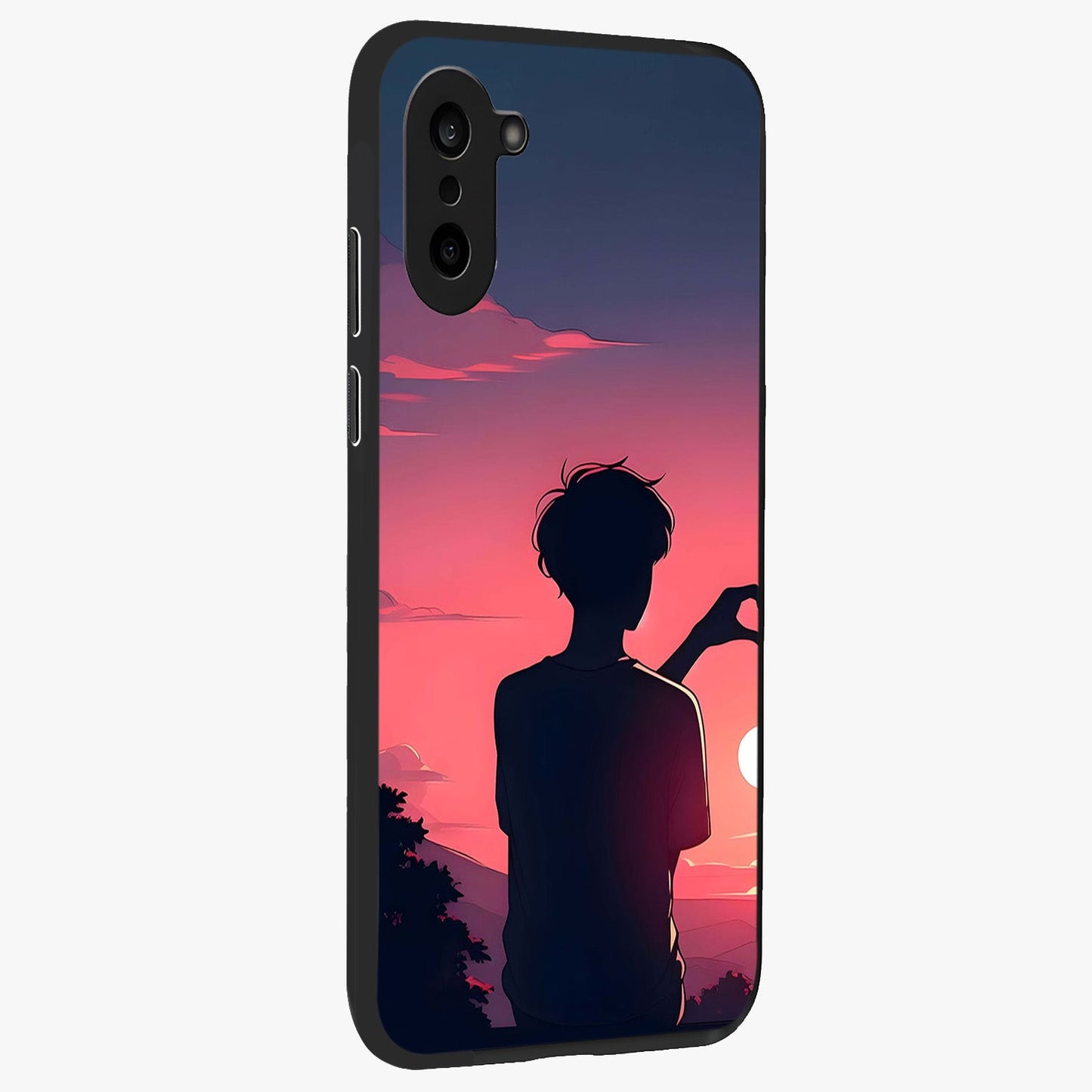 Sunset Silhouette Girl Glass Case for 1+Nord CE 5 side perspective highlighting soft scenic textures and sleek premium build