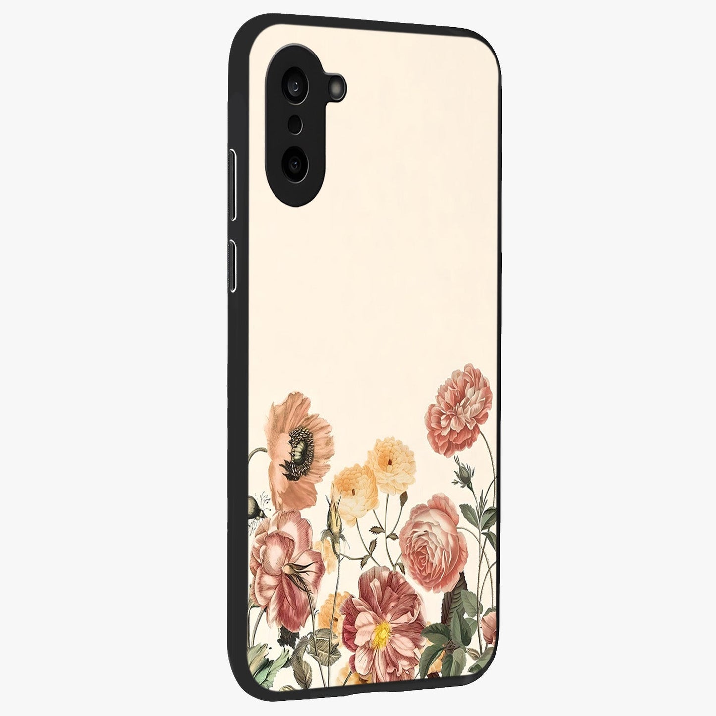 Timeless Garden Romance Glass Case for 1+Nord CE 5 side perspective highlighting delicate bloom textures and smooth build