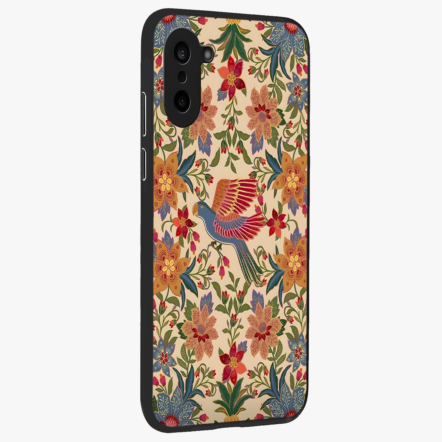 Tropical Folk Art Bird Glass Case for 1+Nord Ce 5 side perspective highlighting detailed feather textures and premium edges