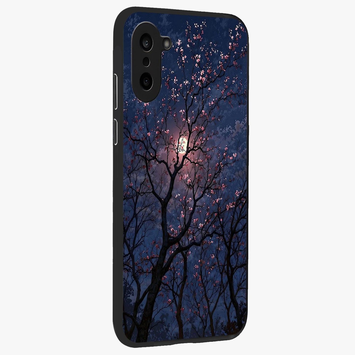 Twilight Sakura Serenade Glass Case for 1+Nord CE 5 side perspective highlighting delicate sakura textures and premium edges
