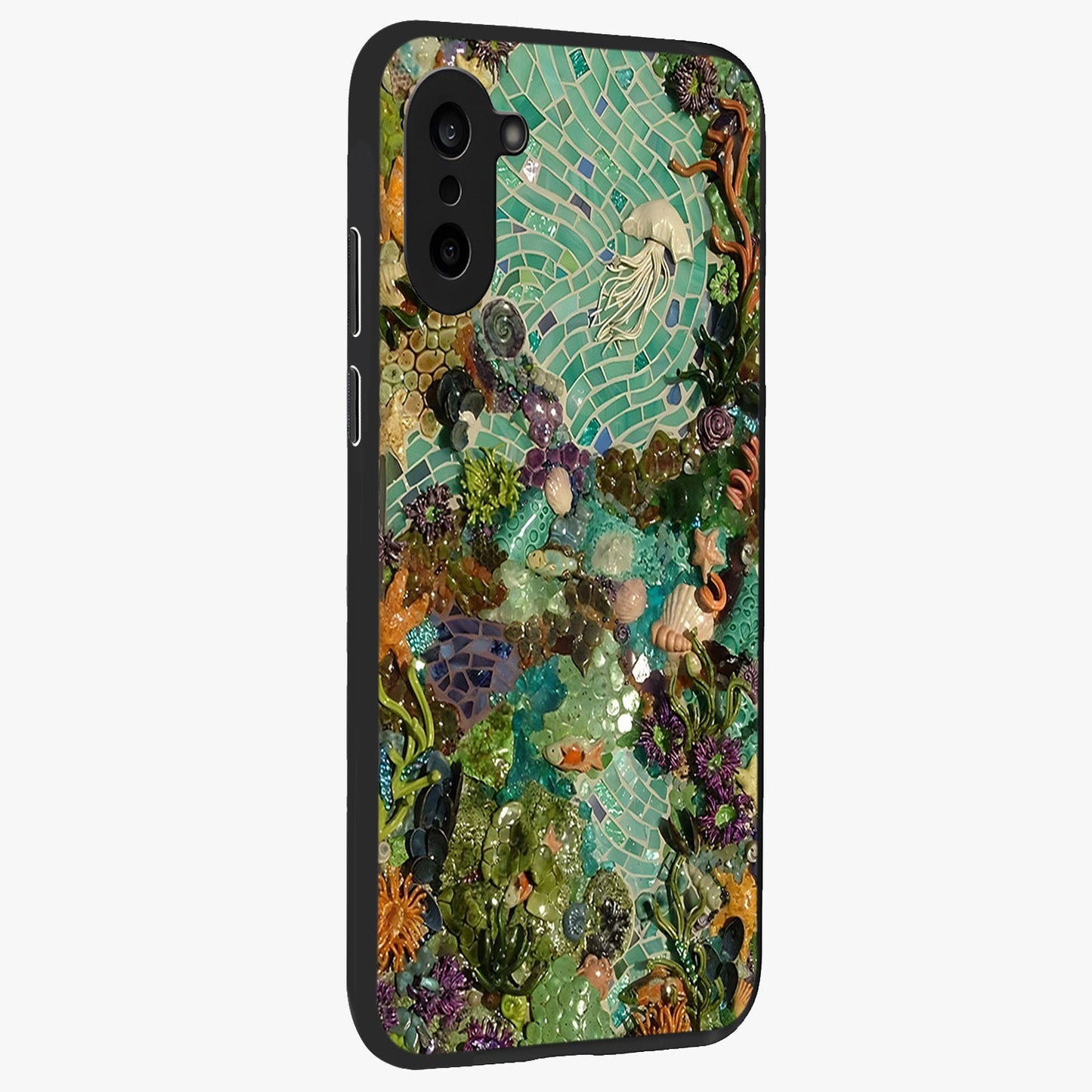 Underwater Mosaic Art Glass Case for 1+Nord CE 5 side perspective highlighting detailed tile textures and premium edges