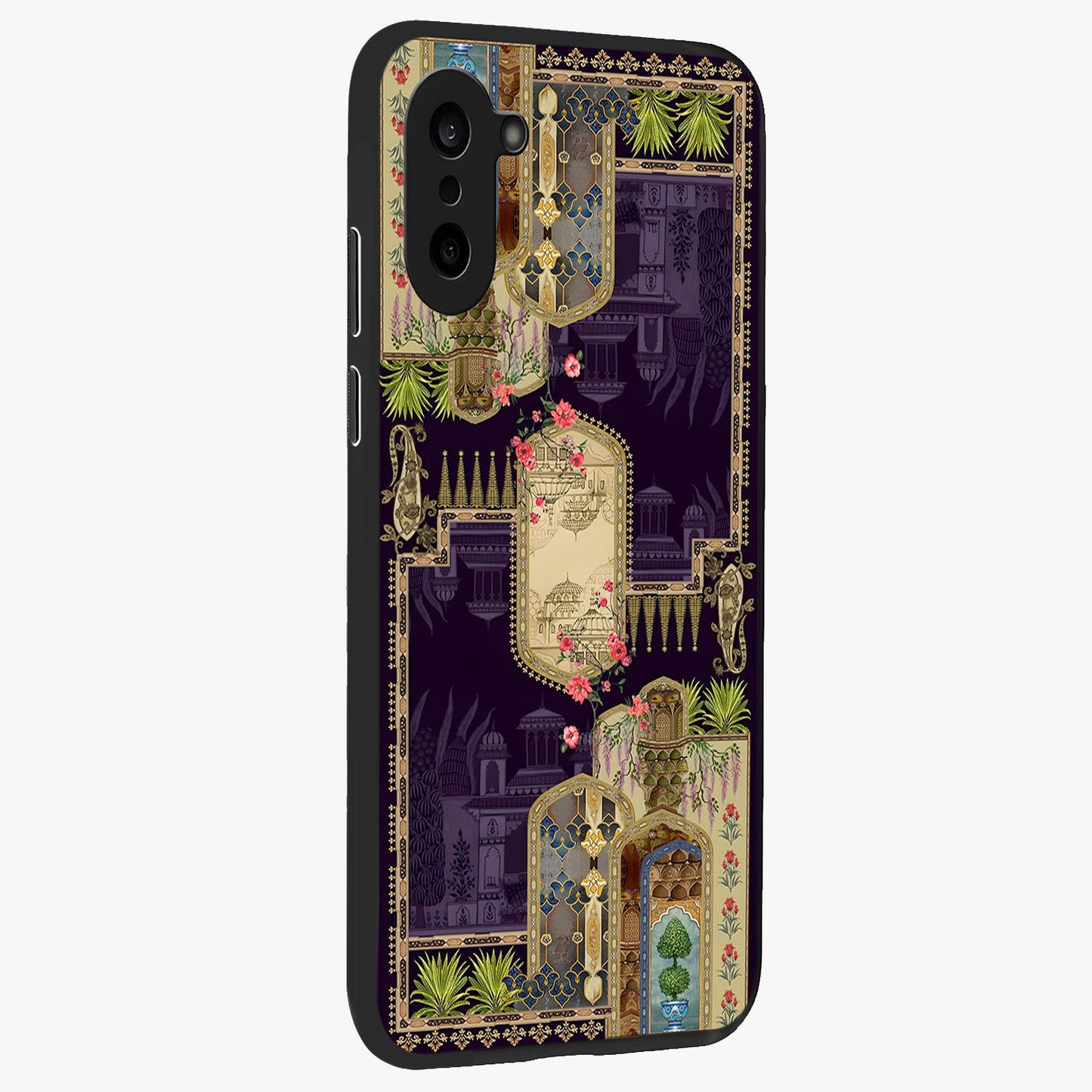 Velvet Mughal Art Glass Case for 1+Nord CE 5 side perspective highlighting ornate detailing and smooth premium build