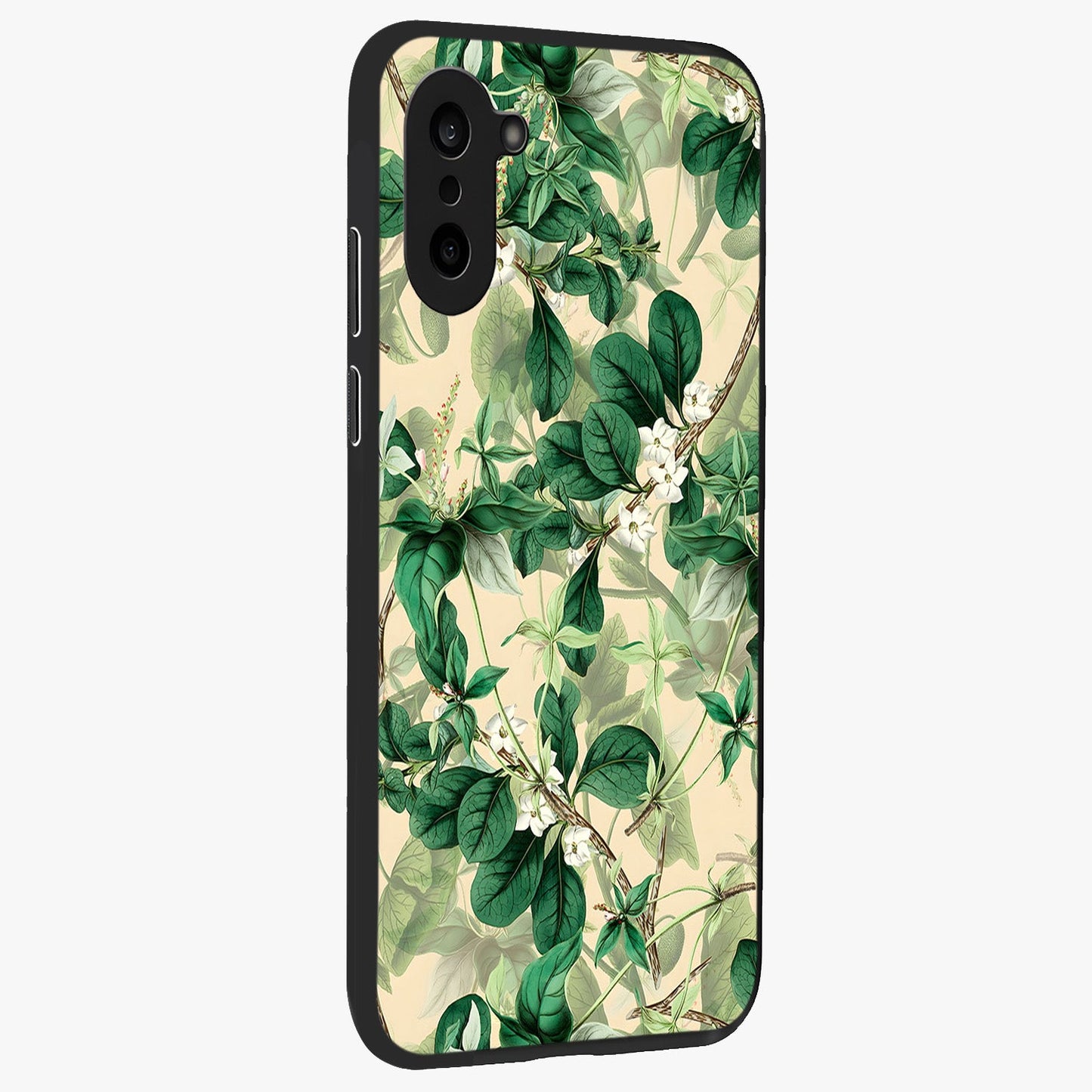 Verdant Garden Whispers Glass Case for 1+Nord CE 5 side perspective highlighting delicate leaf textures and premium edges
