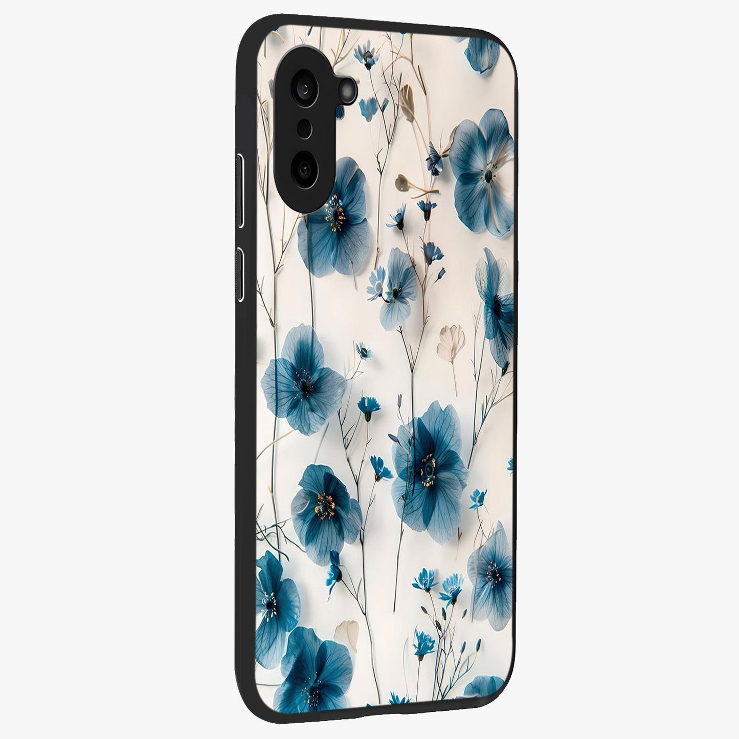 Whispers of Blue Bloom Glass Case for 1+Nord CE 5 side perspective highlighting intricate bloom textures and premium edges
