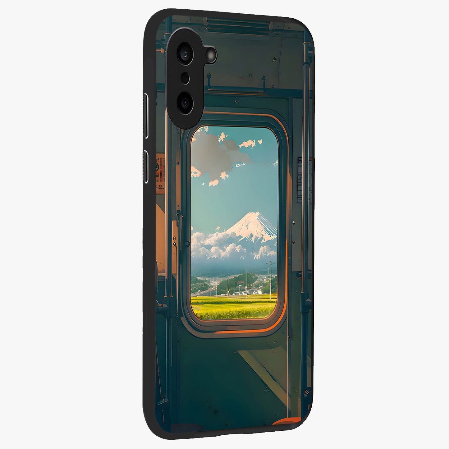 Window to Fuji Glass Case for 1+Nord CE 5 side perspective highlighting detailed horizon textures and smooth premium build