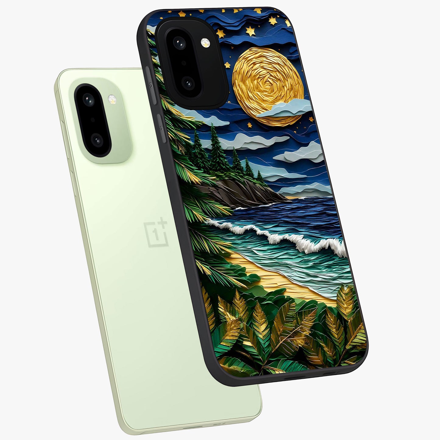Moonlit Ocean Pines Glass Case for 1+15R angled mockup showcasing glossy finish and deep blue gradients