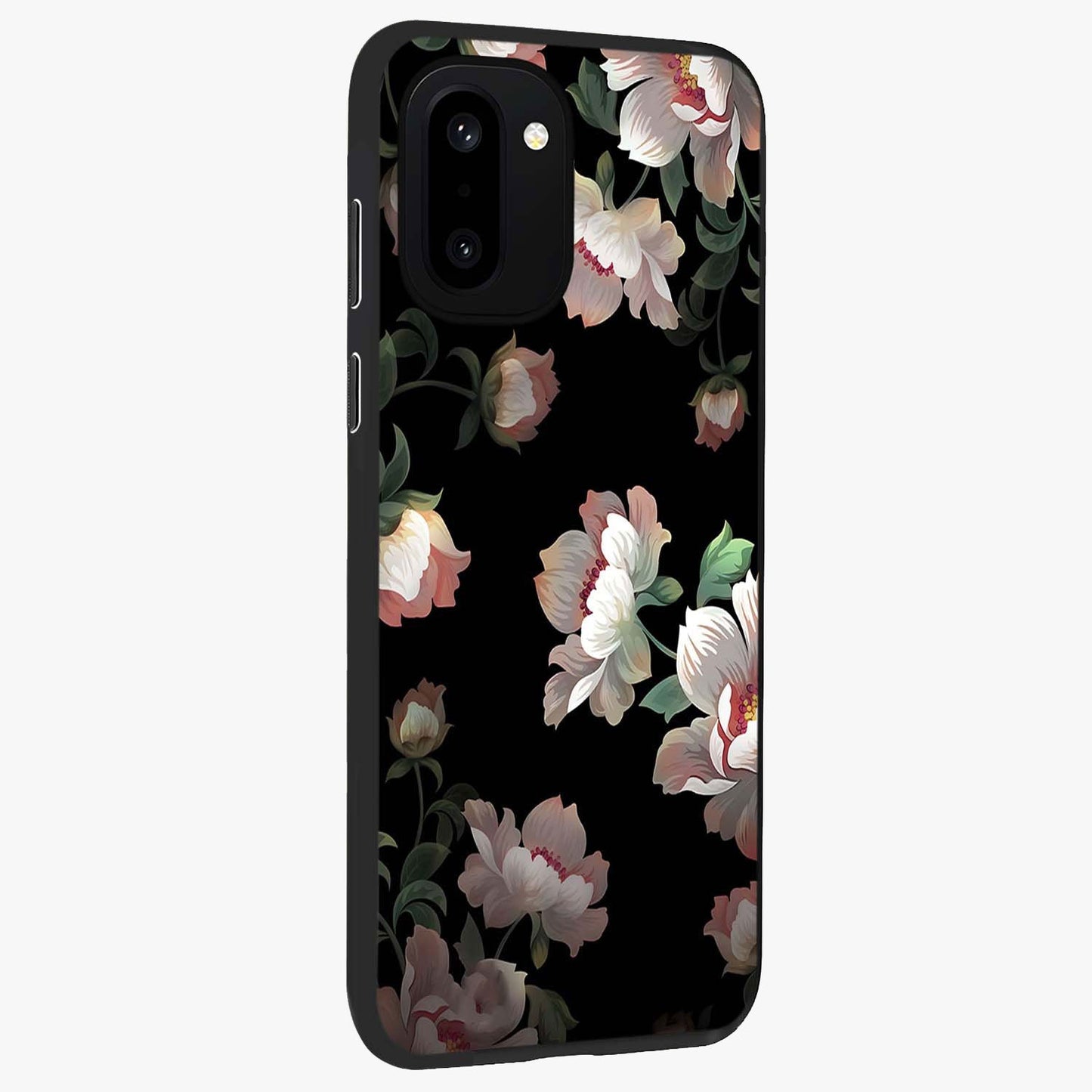 Abstract Embossed Blooming Bright Flower Glass Case for 1+15R side perspective highlighting bright embossed flower texture