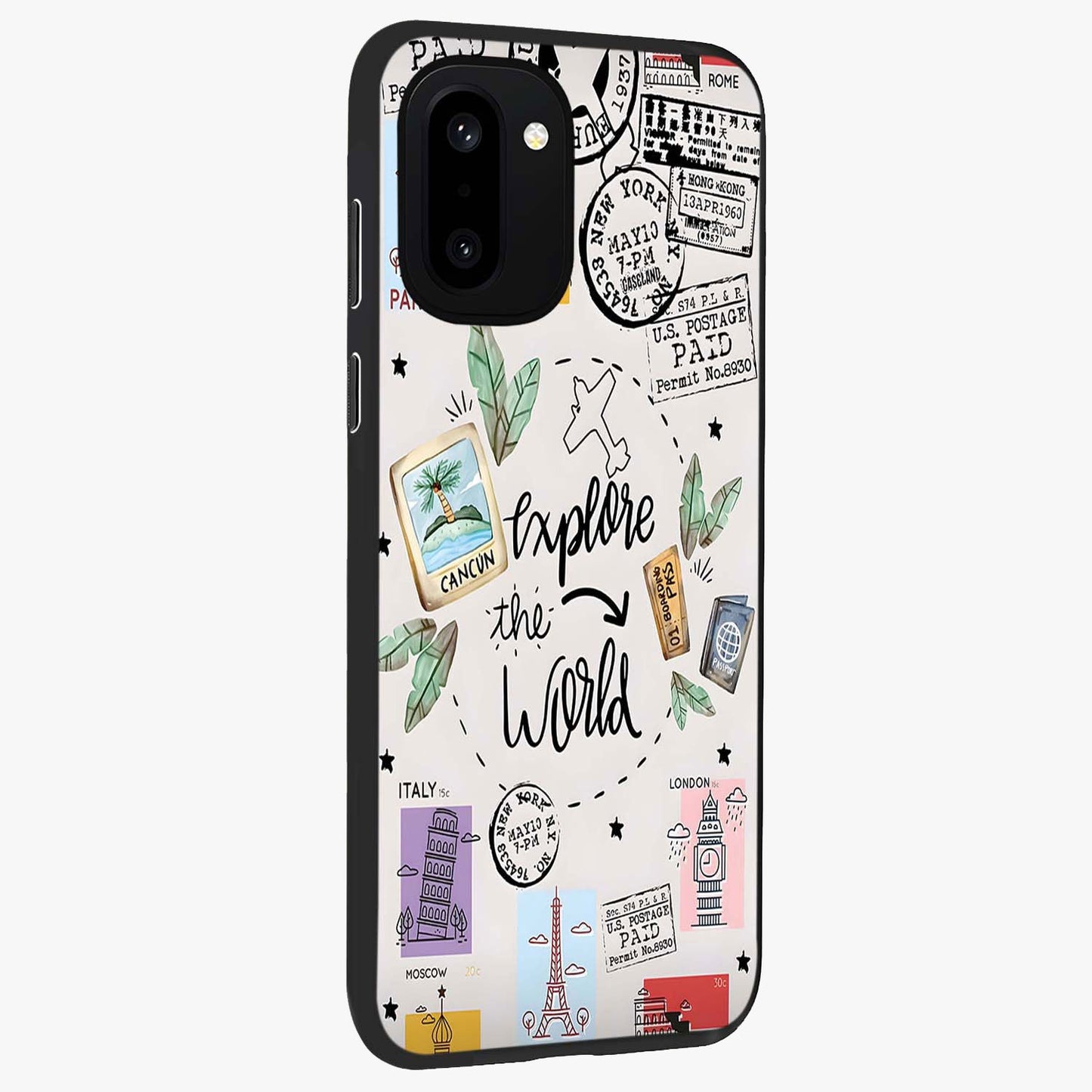 Adventure Awaits Art Glass Case for 1+15R side perspective highlighting motivational travel graphic details