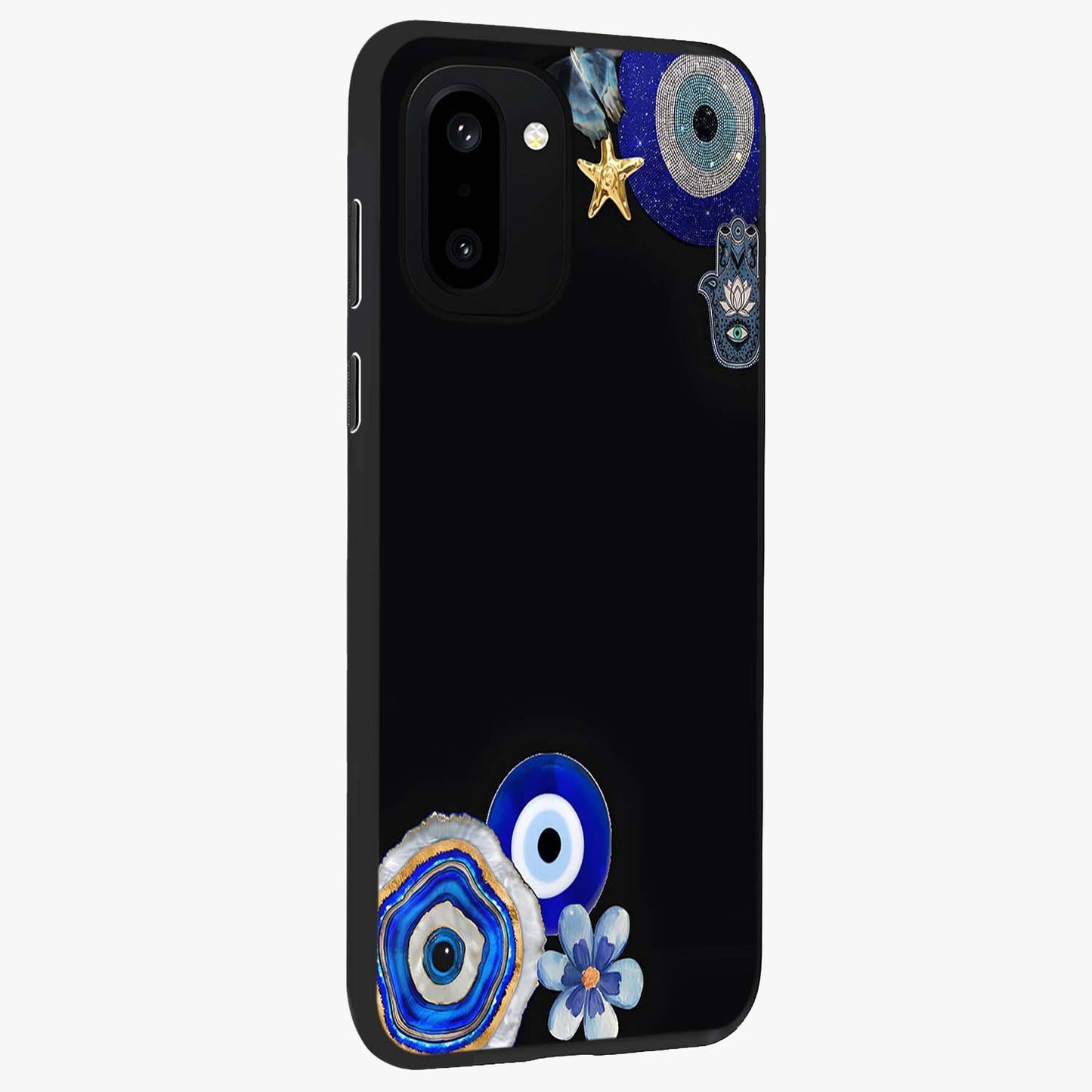 Aesthetic Blue Evil Eye Glass Case for 1+15R side perspective highlighting bold blue evil eye detailing