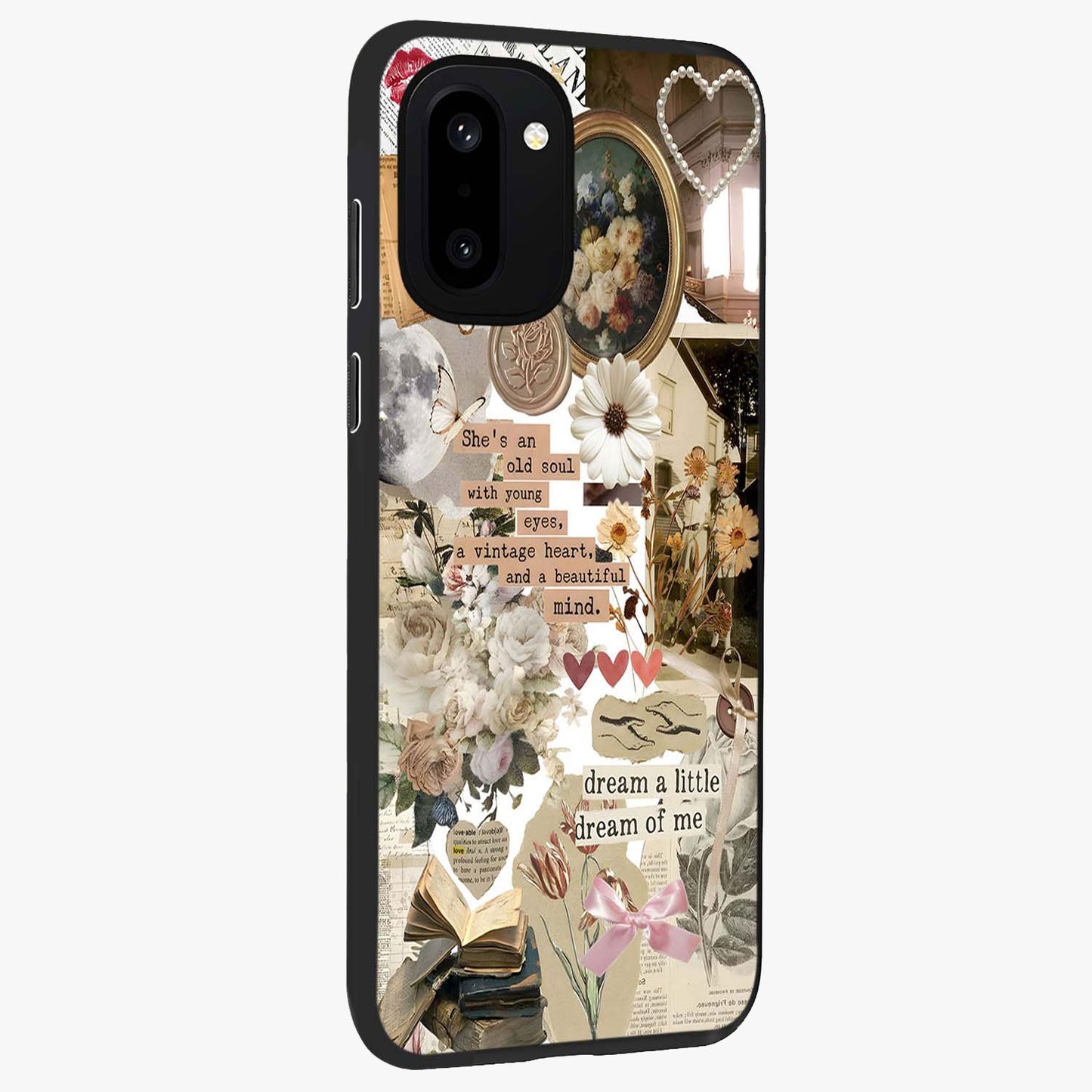 Aesthetic Brown Vintage Collage Glass Case for 1+15R side perspective highlighting detailed aesthetic collage elements