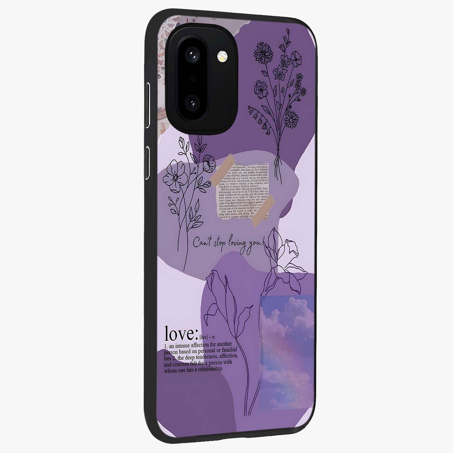 Aesthetic Love With Flower Glass Case for 1+15R side perspective highlighting delicate flower illustration details