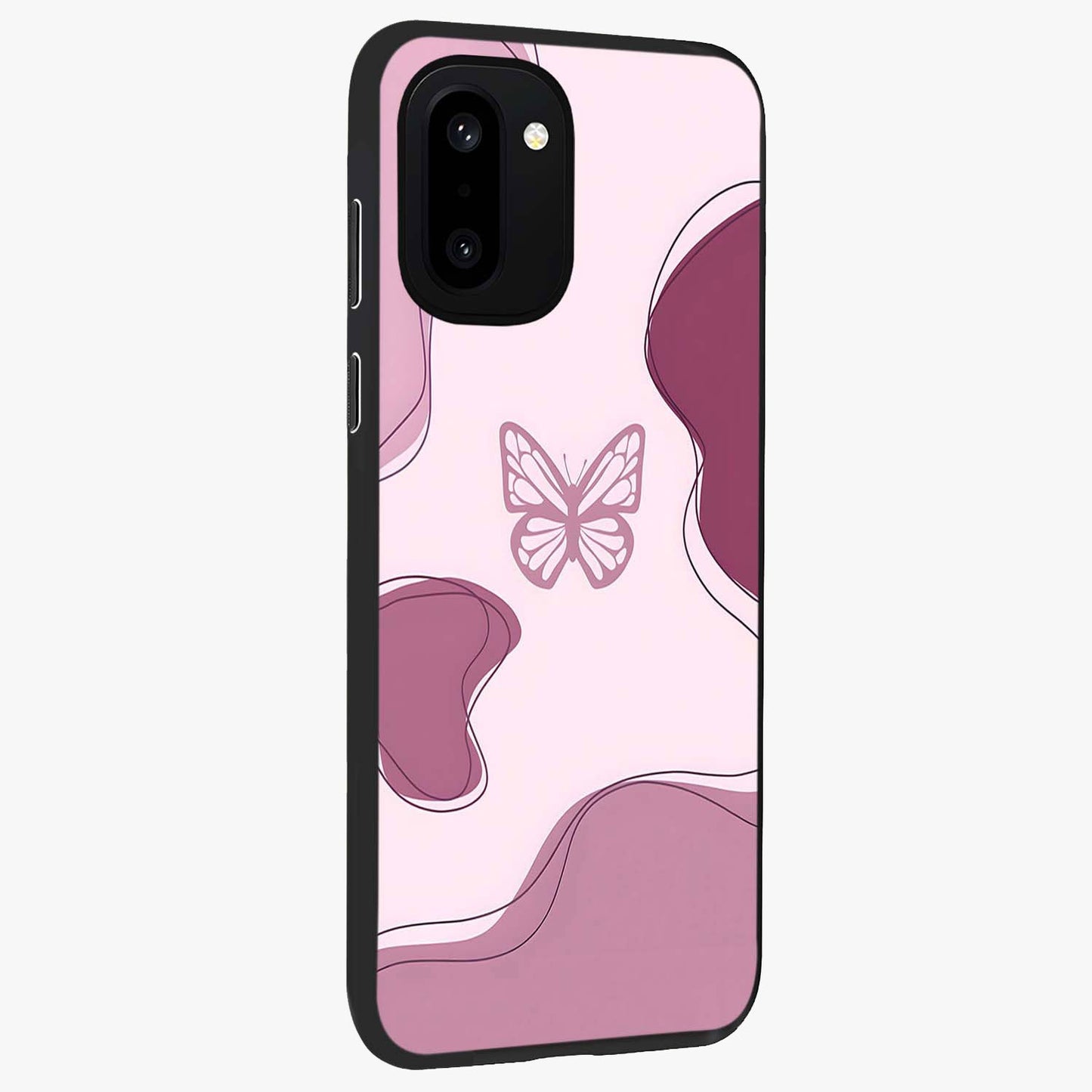 Aesthetic Pinkish Custom Name Butterfly Glass Case for 1+15R side perspective highlighting premium edges and butterfly detailing