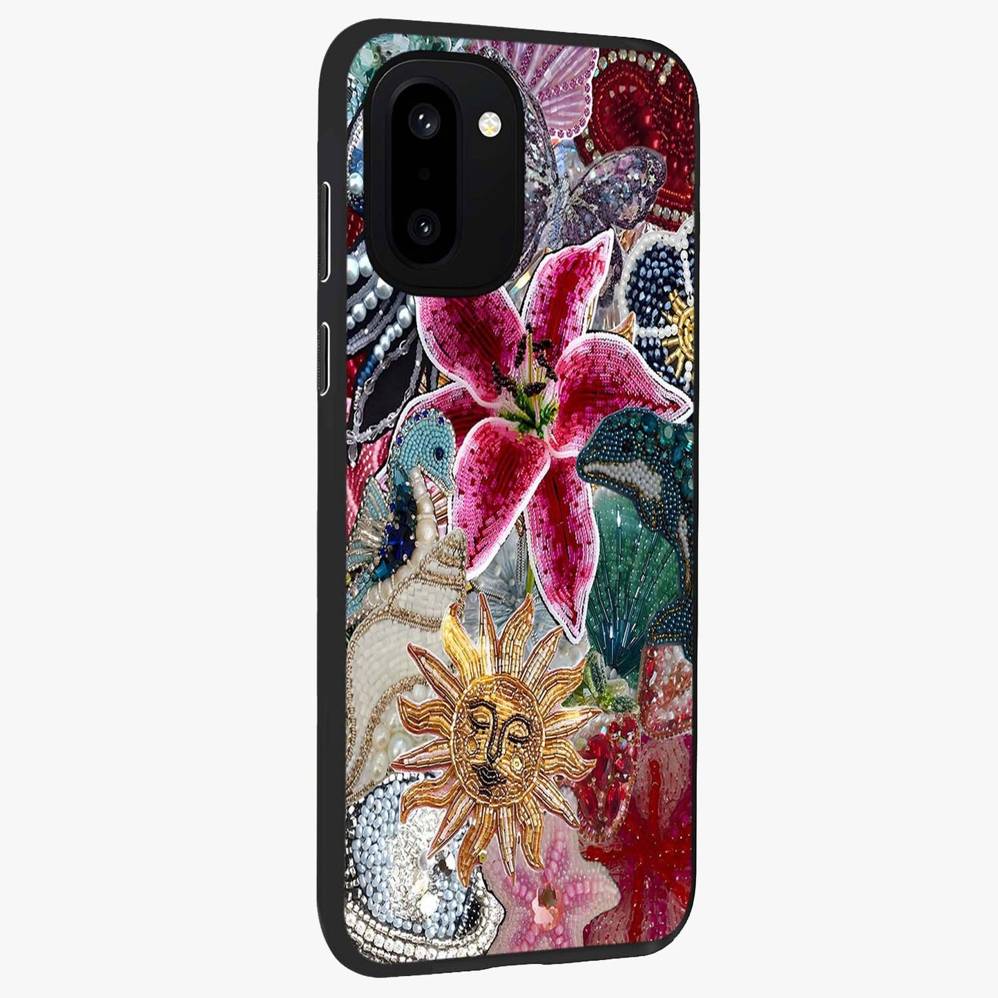 Beaded Garden Fantasy Glass Case for 1+15R side perspective highlighting intricate bead patterns and vibrant colors
