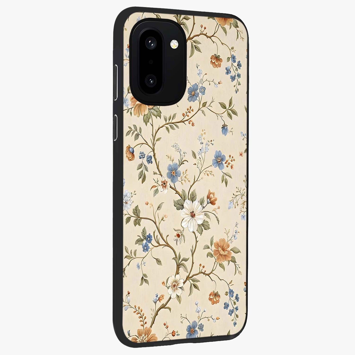 Beige Vintage Flower Glass Case for 1+15R side perspective highlighting subtle tones and premium floral detailing