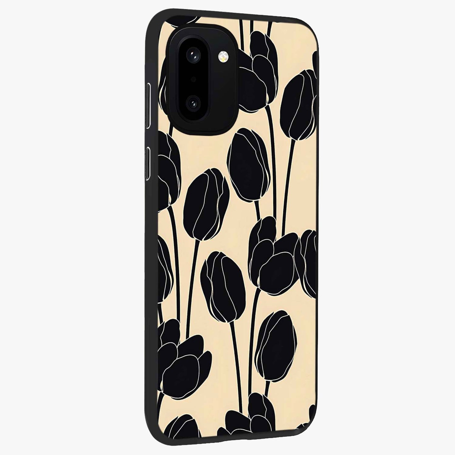 Black Designer Tulip Glass Case for 1+15R side perspective highlighting bold contrast and stylish tulip illustration