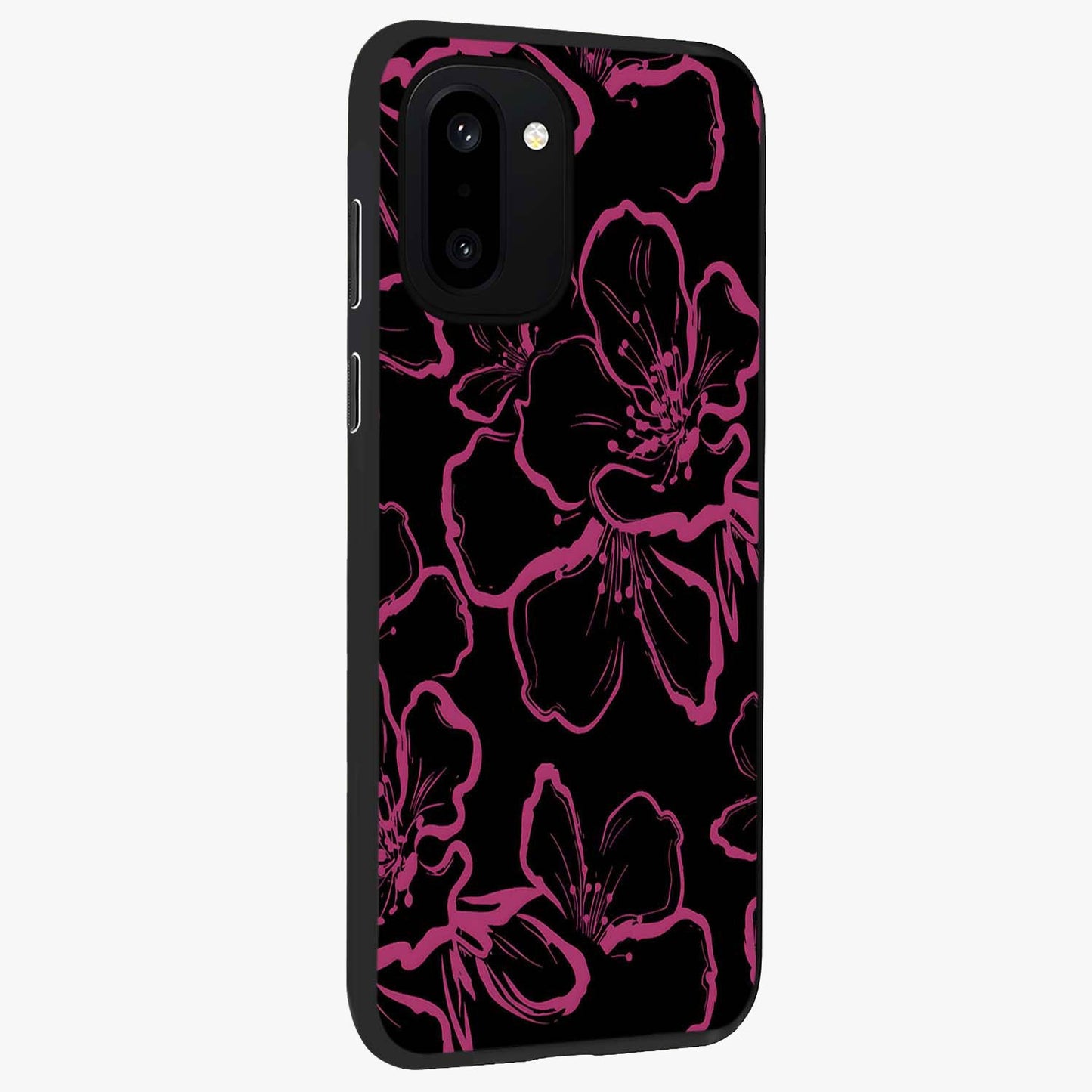 Black Violet Sketch Garden Glass Case for 1+15R side perspective highlighting elegant sketch detailing and premium finish
