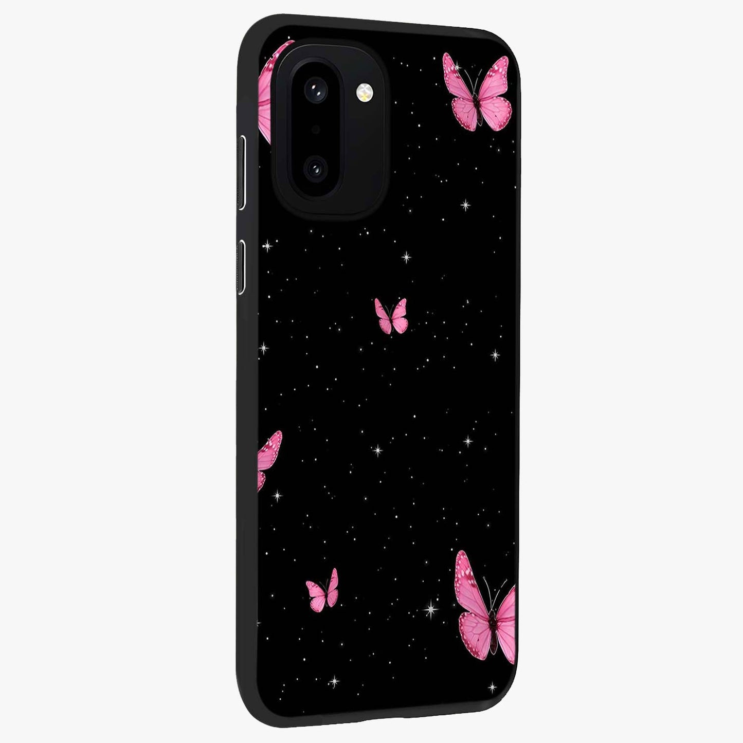 Blinking Butterfly Glass Case for 1+15R displayed upright for graceful aesthetic visibility and premium finish.