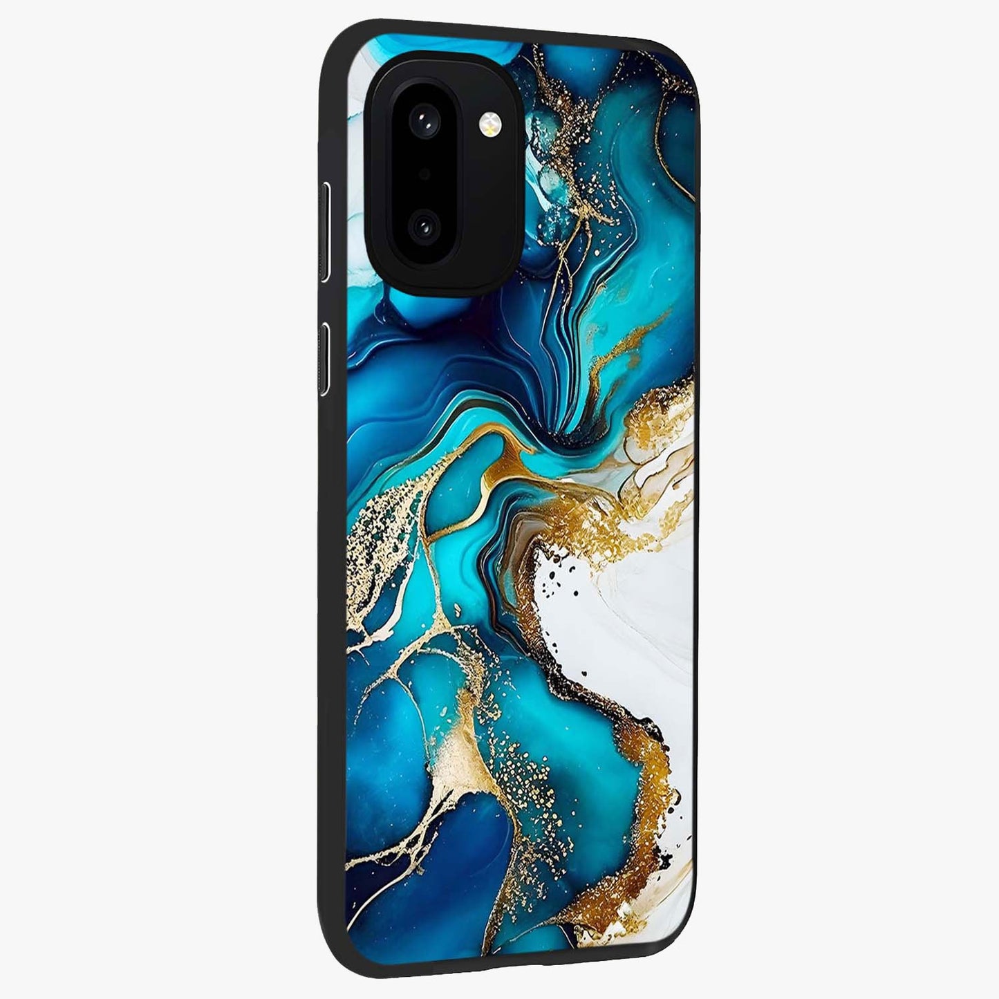 Blue and White Marble With Golden Viens Art Glass Case for 1+15R side perspective highlighting rich marble textures and elegant gold accents