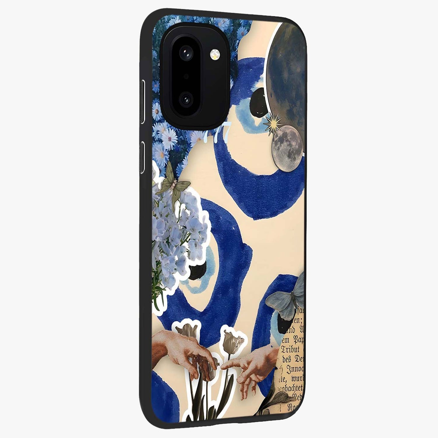 Blue Evil Divine Glass Case for 1+15R side perspective highlighting protective charm detailing and smooth premium edges
