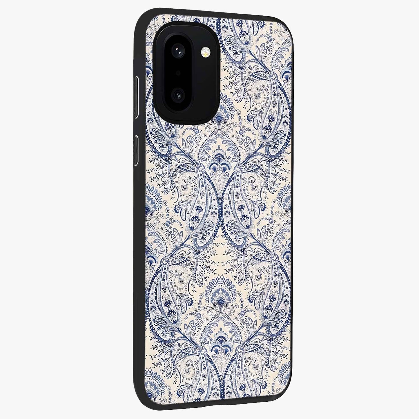 Blue Paisley Bloom Glass Case for 1+15R side perspective highlighting elegant paisley textures and premium build