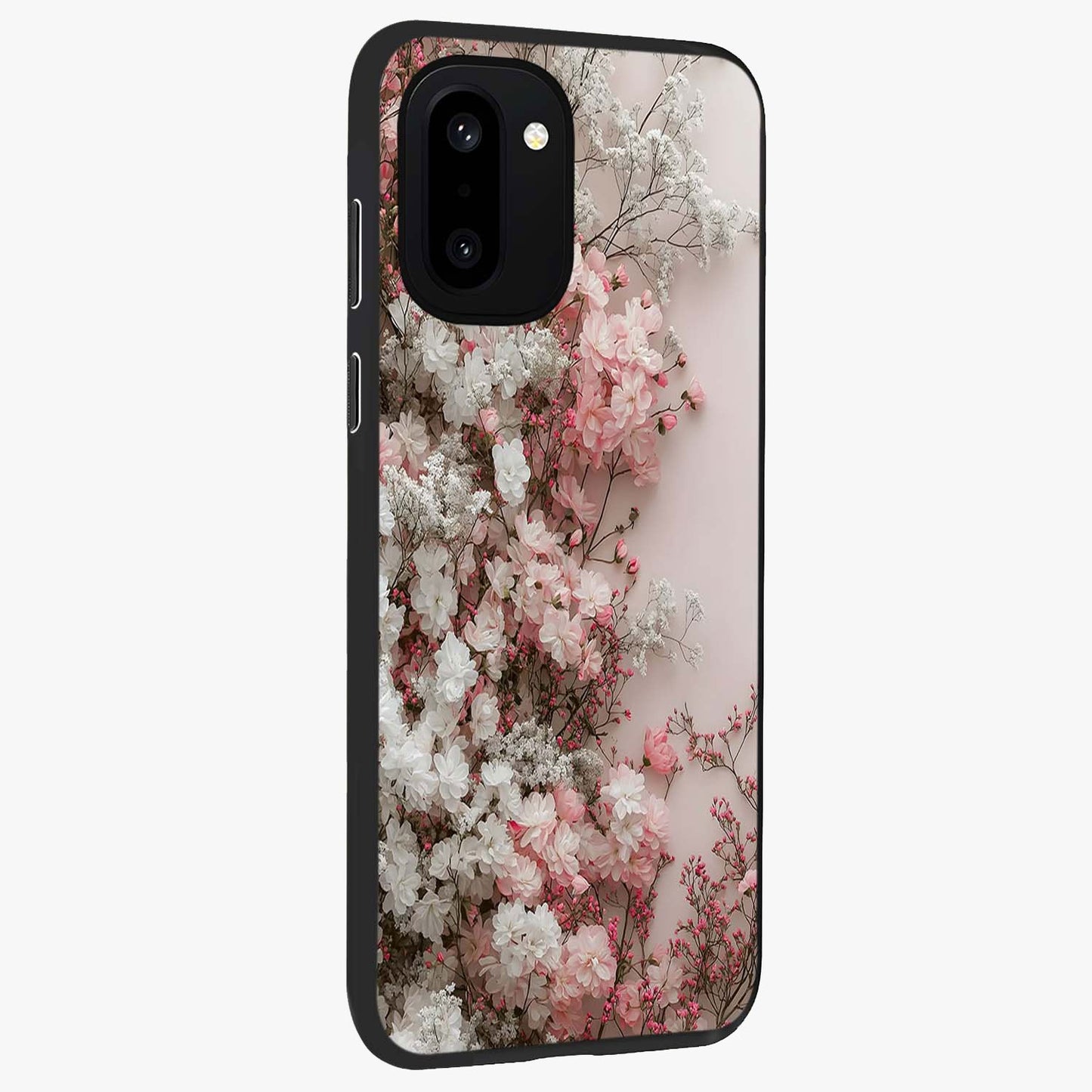 Blush Blossom Cloud Glass Case for 1+15R side perspective highlighting airy blush detailing and premium build