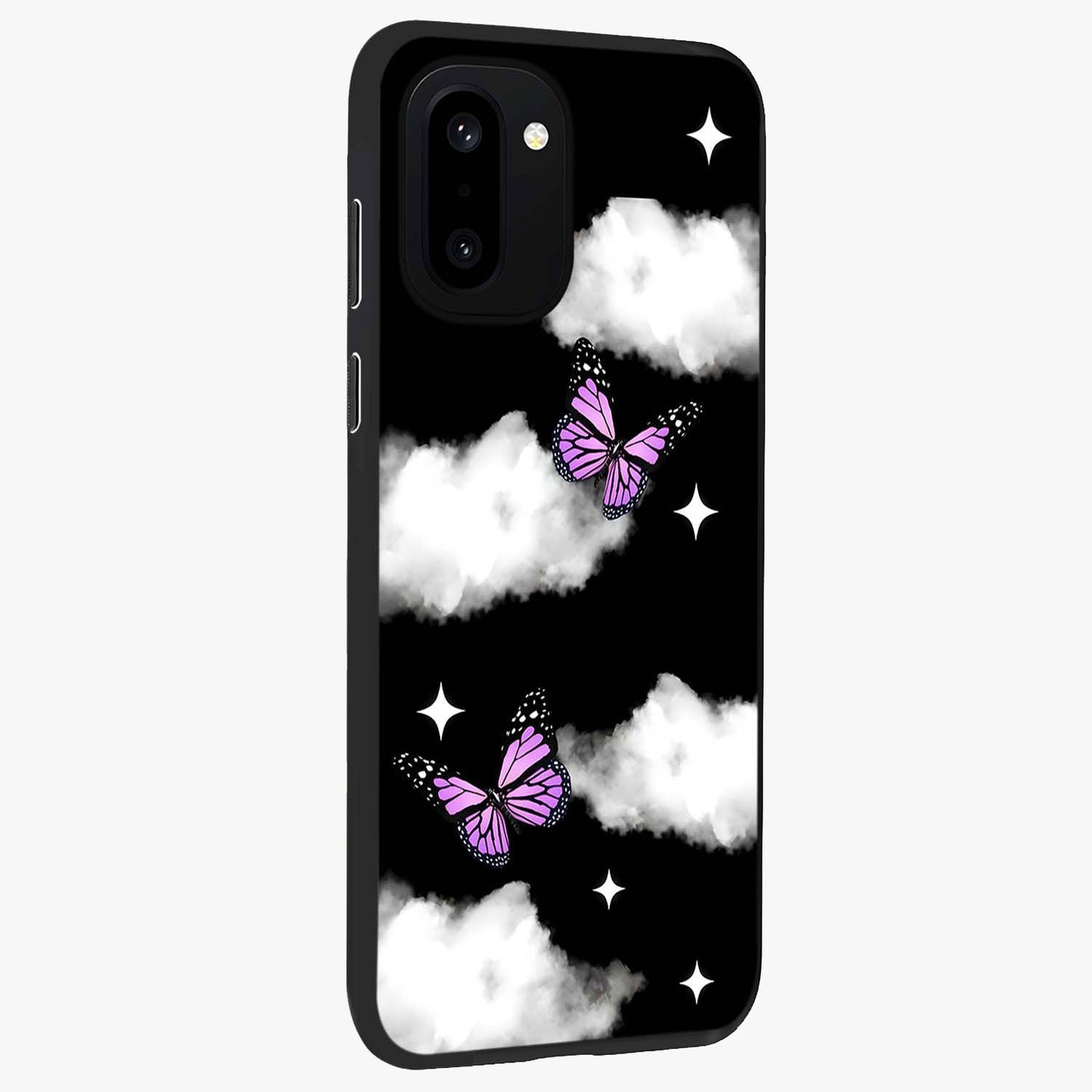 Butterfly Night Drift Glass Case for 1+15R side perspective highlighting glowing butterfly details and sleek edges