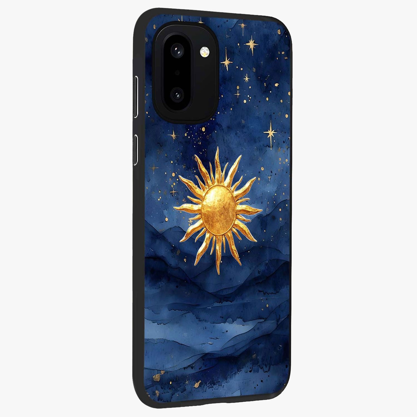 Celestial Blue Glow Glass Case for 1+15R side perspective highlighting vibrant glow detailing and sleek edges