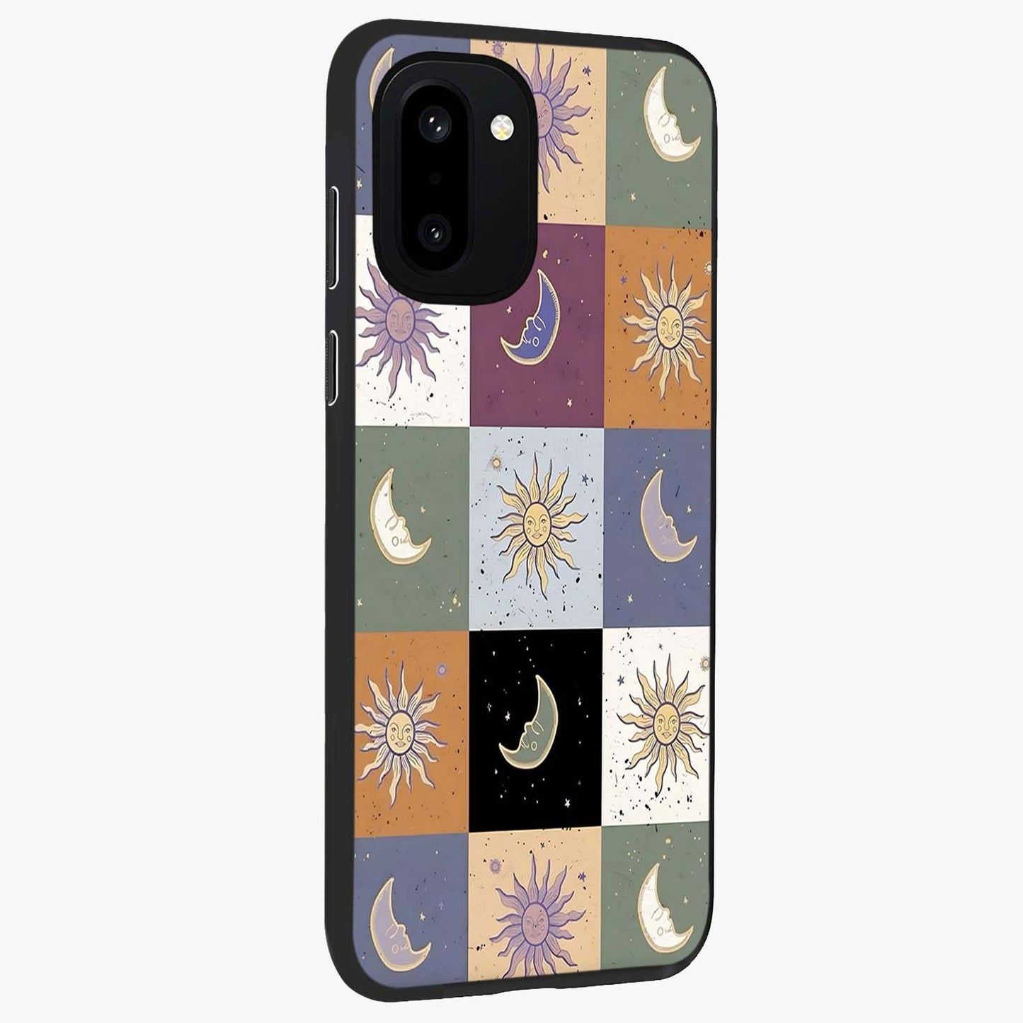 Celestial Patchwork Dreams Glass Case for 1+15R side perspective highlighting vibrant patchwork detailing and sleek edges