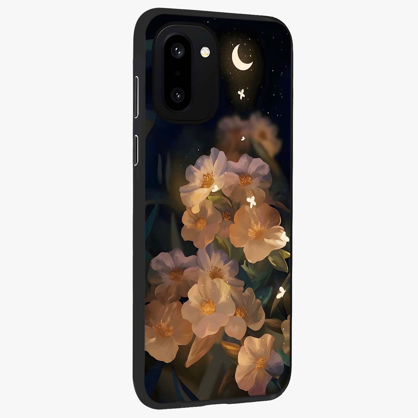 Celestial Petal Night Glass Case for 1+15R side perspective highlighting delicate petal details and premium edges