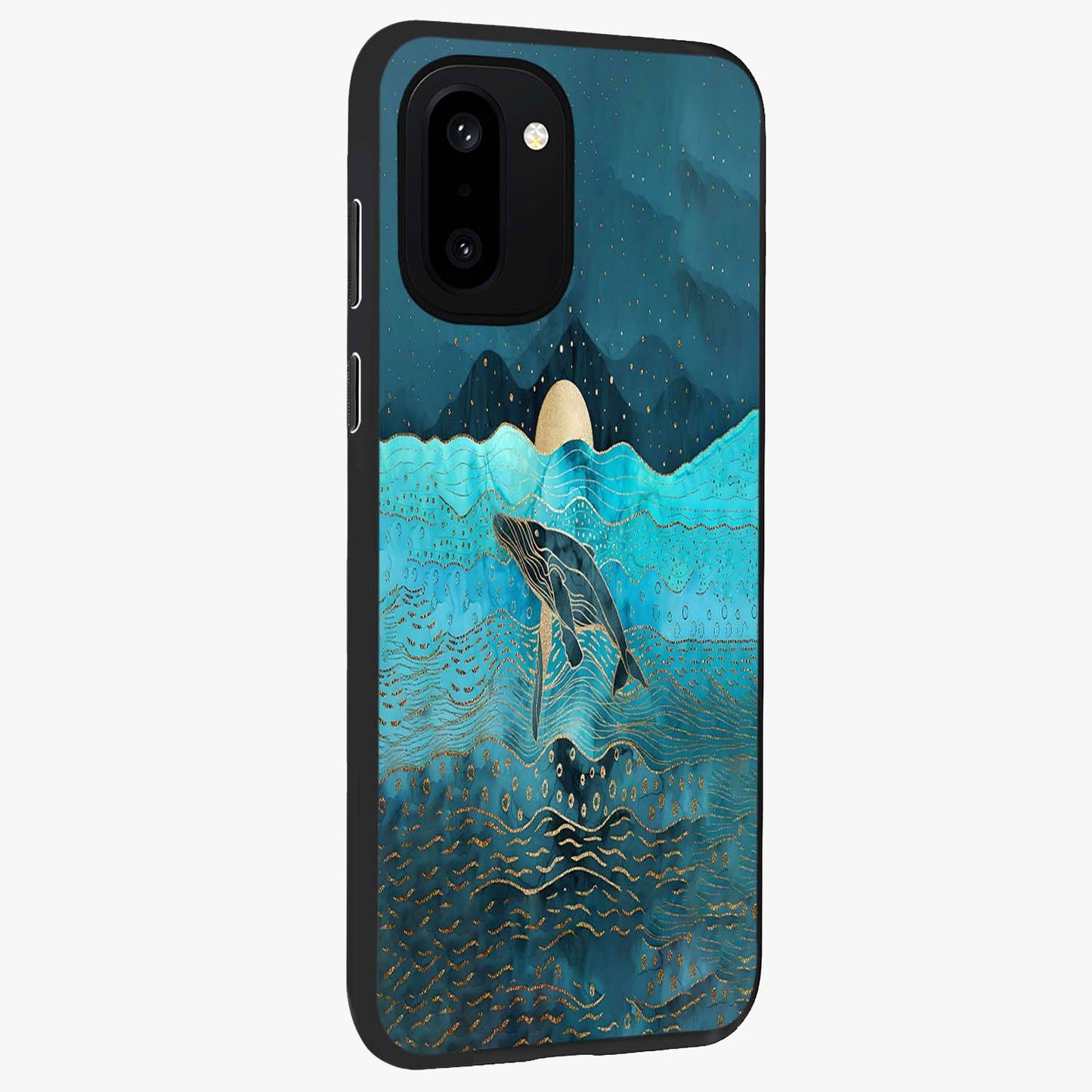 Celestial Whale Voyage Glass Case for 1+15R side perspective highlighting flowing whale illustration and premium detailing