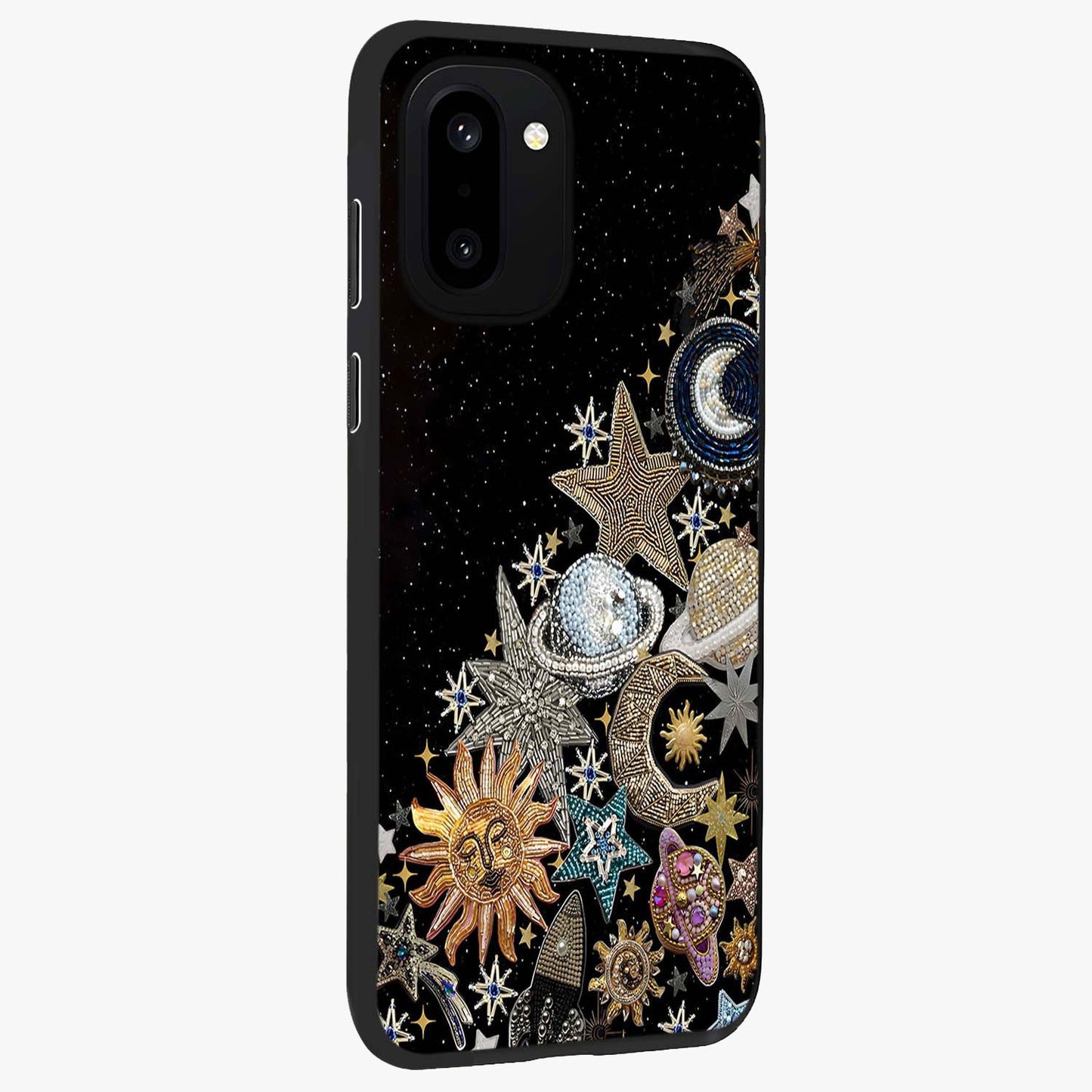 Cosmic Sparkle Dreams Glass Case for 1+15R side perspective highlighting shimmering textures and sleek edges