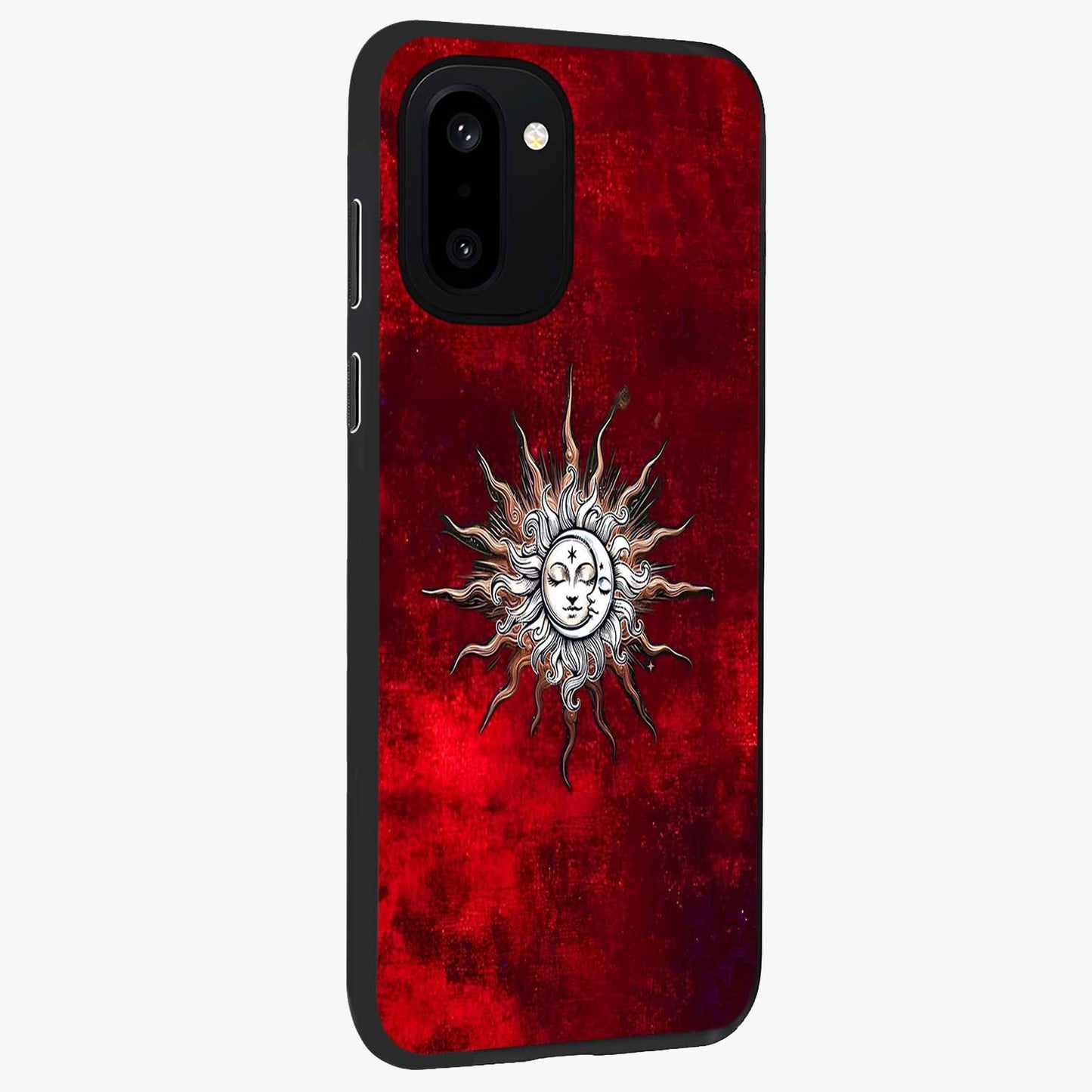Cosmic Twin Eclipse Glass Case for 1+15R side perspective highlighting eclipse detailing and premium smooth build